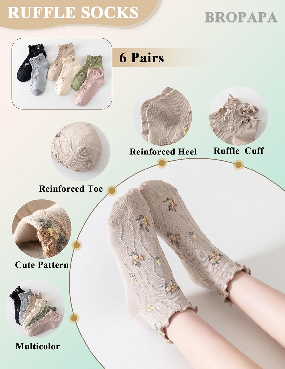 Women‘s Ruffle Ankle Socks,Vintage Patterned,Short Casual Dress Sock,Cute Princess Lettuce Floral Socks 6 Pack - Image 3