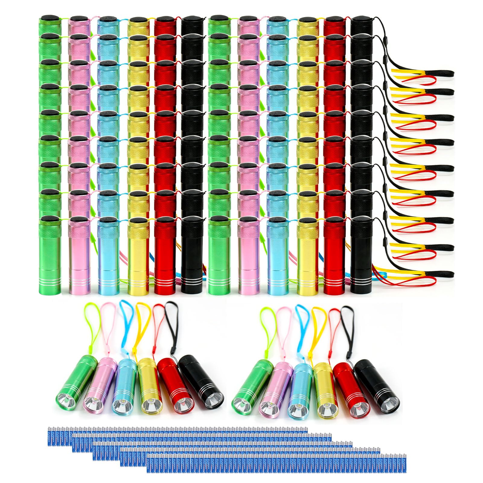 Lot de 120 mini lampes de poche LED en aluminium avec cordon, couleurs assorties, piles incluses pour les fêtes, la lecture de nuit, le camping, les pannes de courant, cadeau de Noël