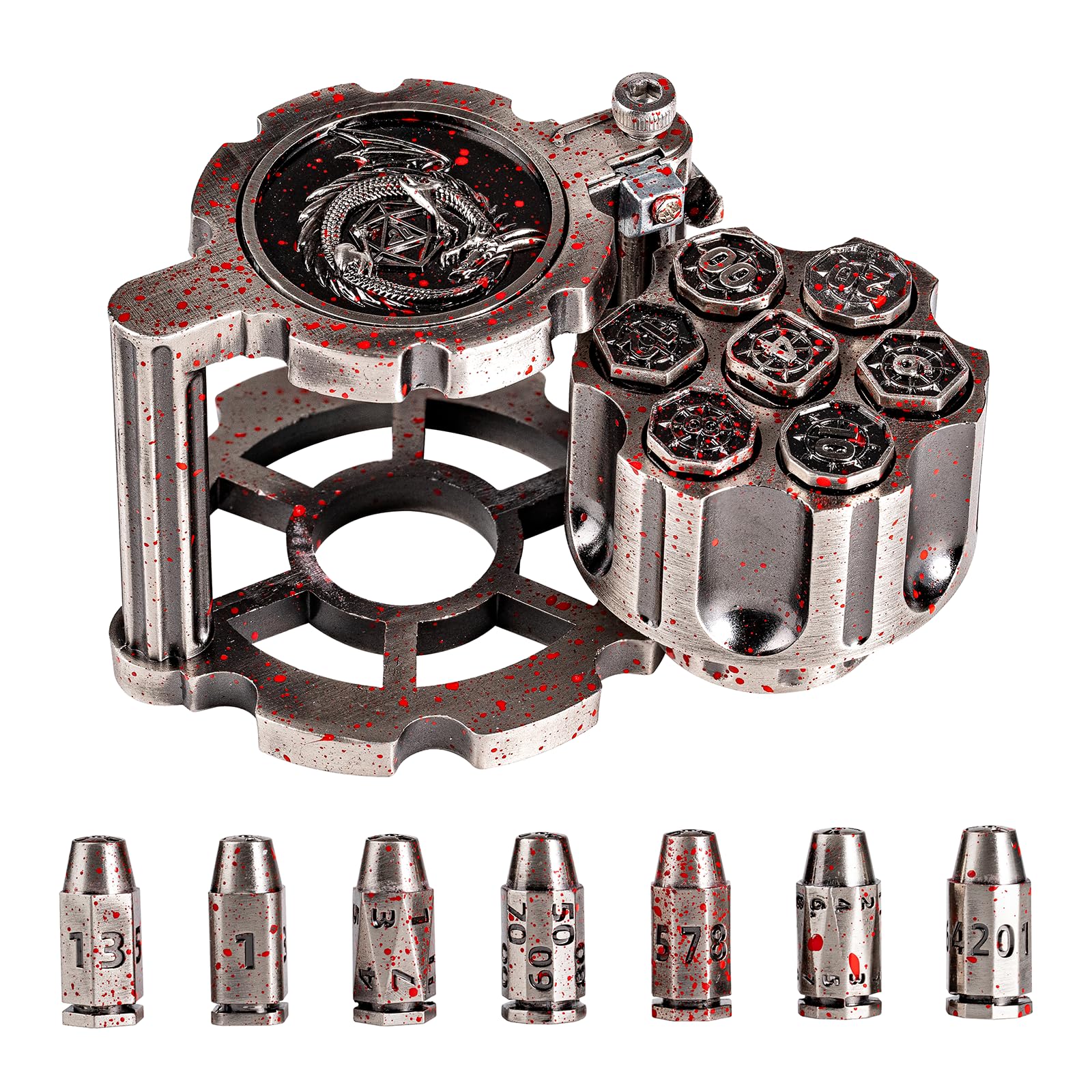 Metal Bullet Dice Set With Spinning Container - 7 Polyhedral D&D Dice For Cyberpunk RPG Games