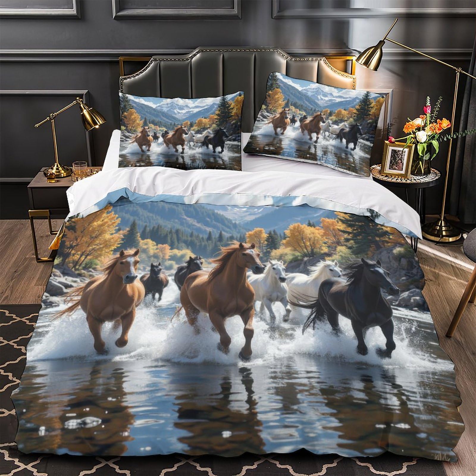 Parure de lit chevaux sauvages 140x200 microfibre pour chambre nature