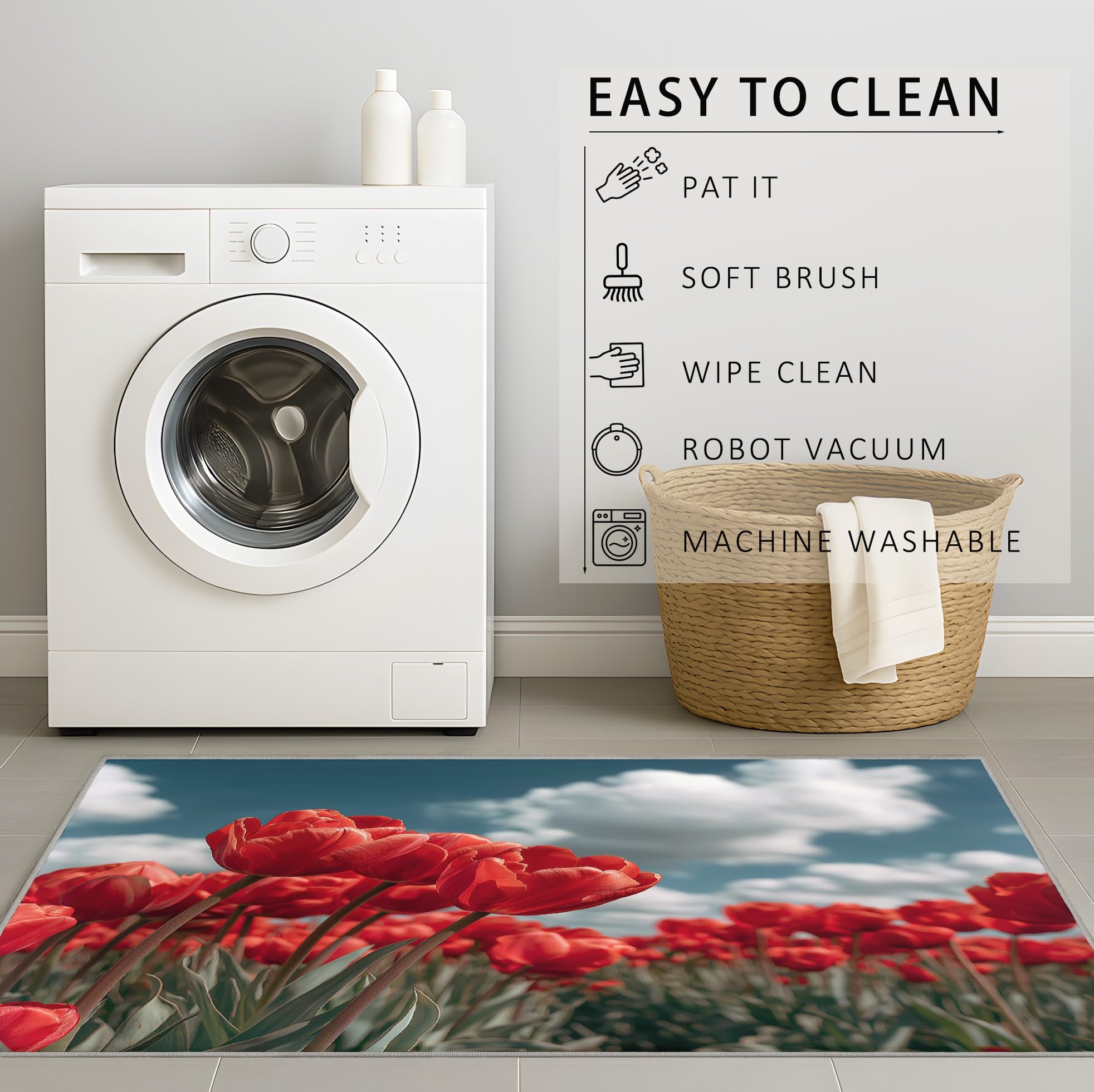 Générique Tapis De Salon Poils Ras Grand Nature Floral Intérieur Antidérapant Tapis Imprimé Style champêtre Couleur Tulipe Rouge Ciel Bleu, Paillasson Confortablex Lavable 120 x 180 cm