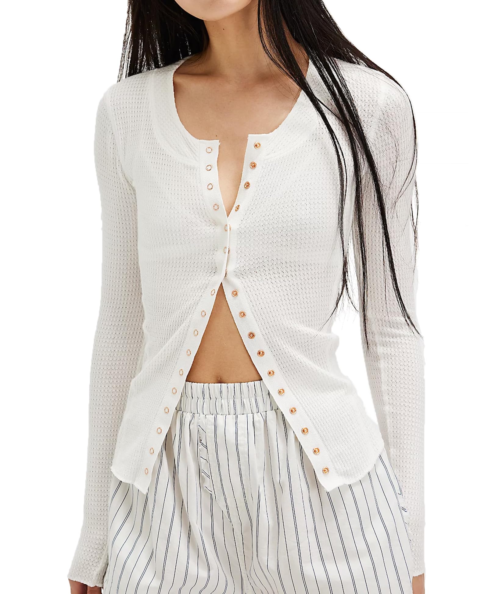 Long Sleeve Button Down Shirts for Women Cute Tops Fall Cardigan Sweater Waflle Knit Tops