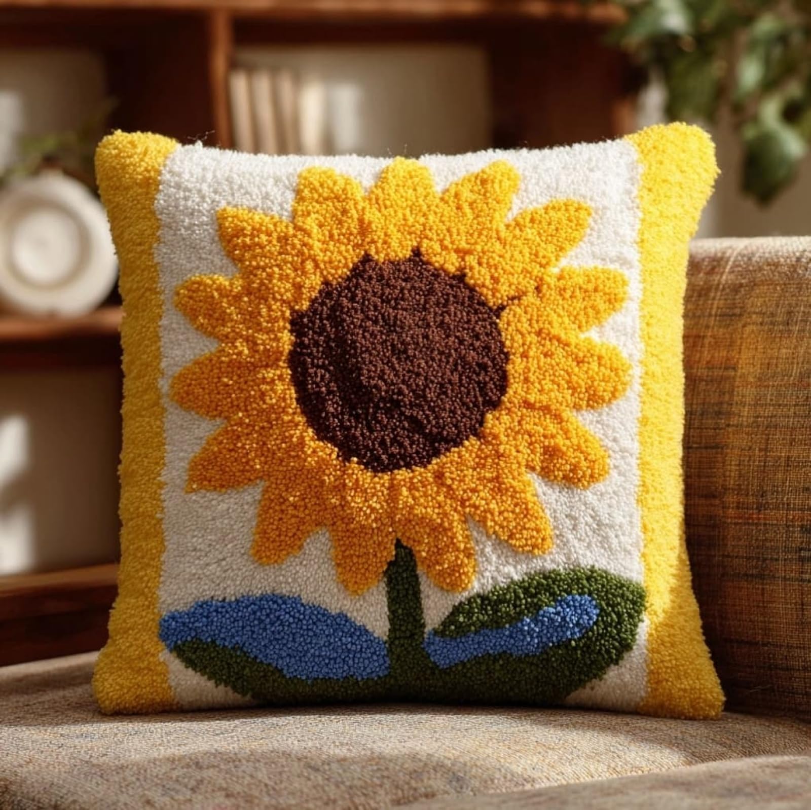 AxiangziK Latch Hook Cushion Kit 43x43cm,Sunflower Flowers Beginner Friendly Needlecraft Set,Easy Latch Hook Kit for Home Decor