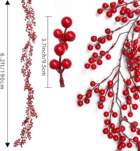 Miniatura 2 de Guirnalda de bayas artificiales de 6.4 pies, guirnalda de Navidad roja con bayas para árbol, repisa, mesa, chimenea, decoración navideña de interior