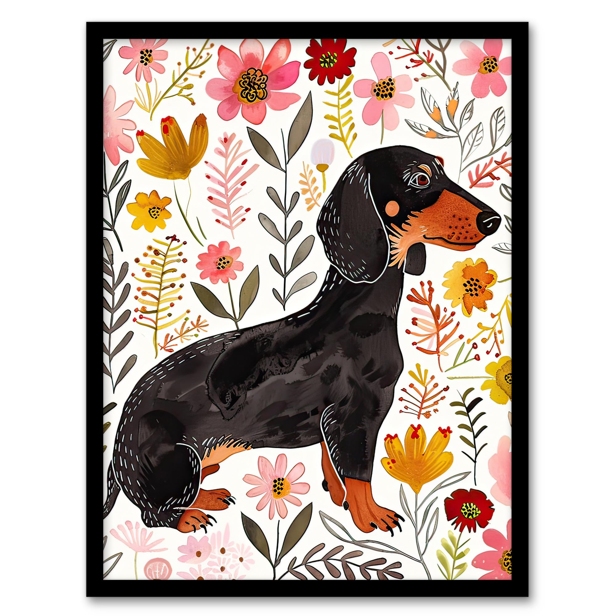 Artery8 Dachshund Sausage Dog Lover Floral Watercolour Wall Art PrintA4 Size from B&Q