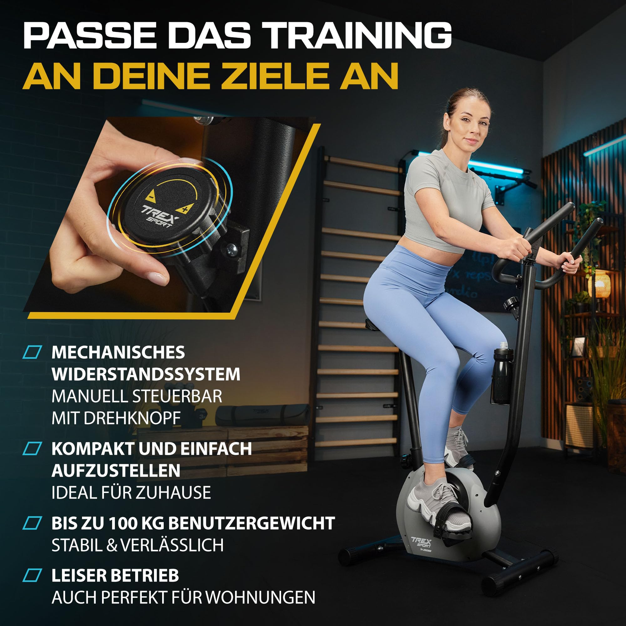 TREX SPORT Heimtrainer Fahrrad JOLT bis 100kg Cardio Fitnessbike Mechanisch | TX-250BB Hometrainer für zuhause, Ergometer mit LCD-Display, Pulssensoren, 5 Sitzhöhen, Schwarz / Grau