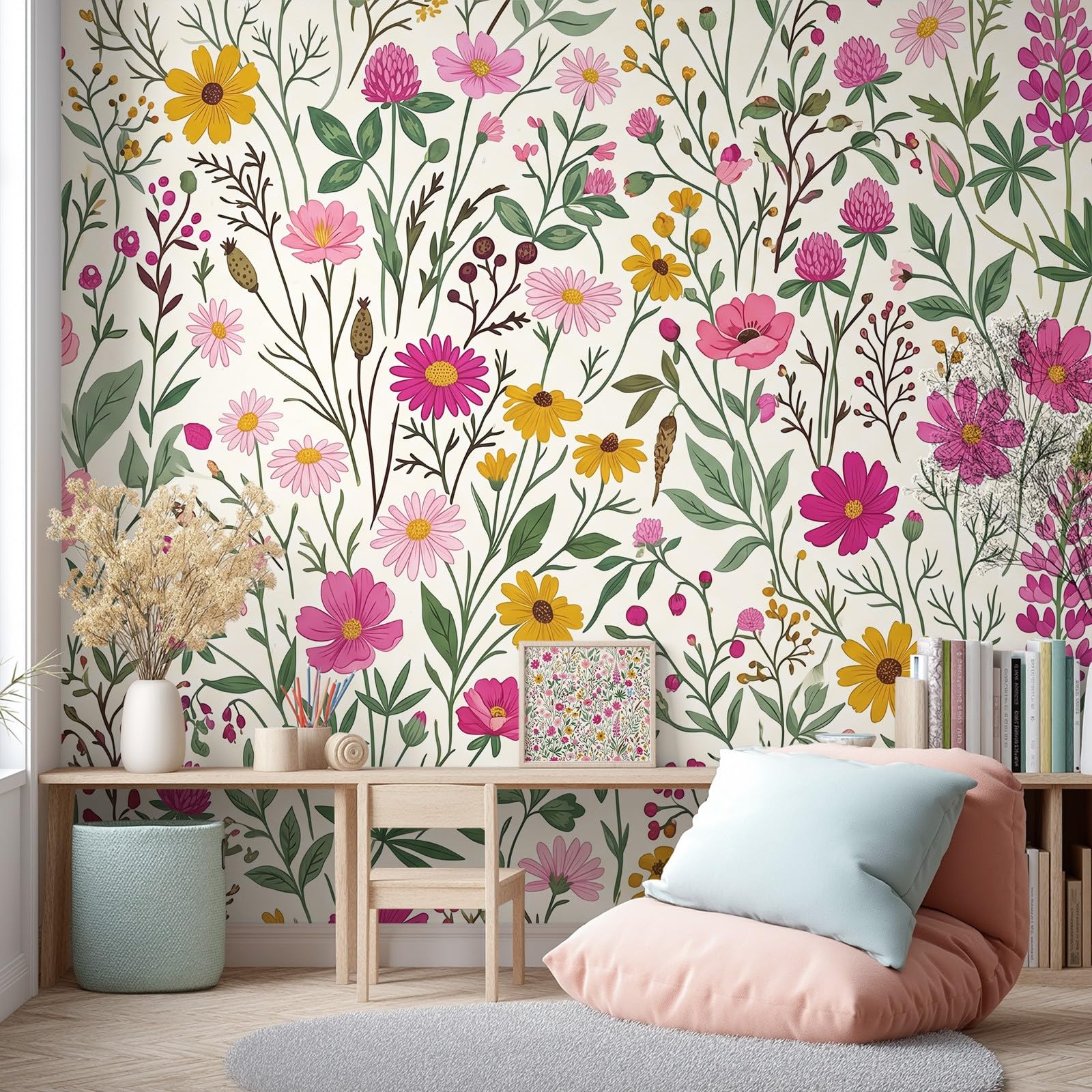 Générique Panoramiczna tapeta z motywem szampana, przytulna, wzór liści dziki kwiat, sypialnia kwiatowa, dekoracja ścienna do jadalni, 350 x 256 cm, do salonu, sypialni