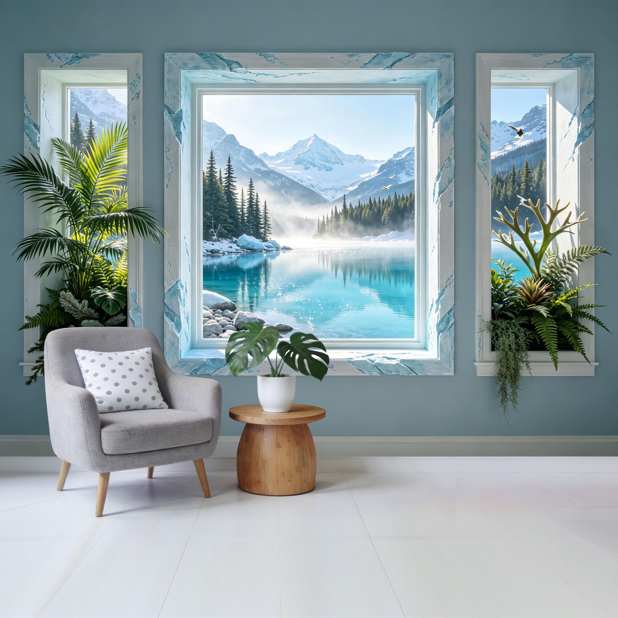 Custom Size Wall Mural Mountain Lake View Through Window Scene with Pine Forest and Tropical Plants Removable Self Adhesive Fabric， Home Wall Decor for Living Room Bedroom Bathroom