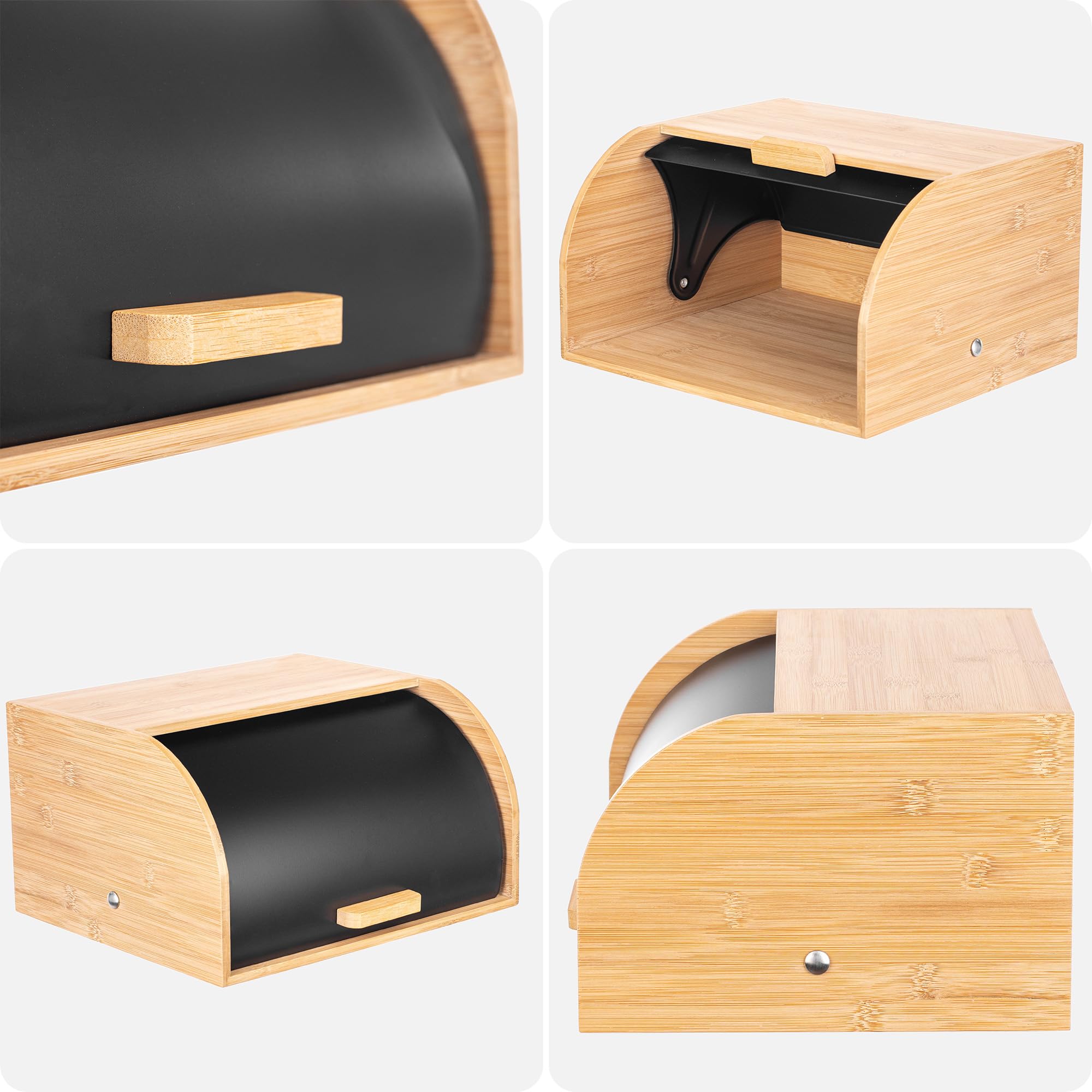 KADAX Brotkasten 31 x 28 x 18 cm aus Bambus und Edelstahl, Brotaufbewahrungsbox, Brotbehälter zur Aufbewahrung von Brot, Brotaufbewahrung (Schwarz/Holz)