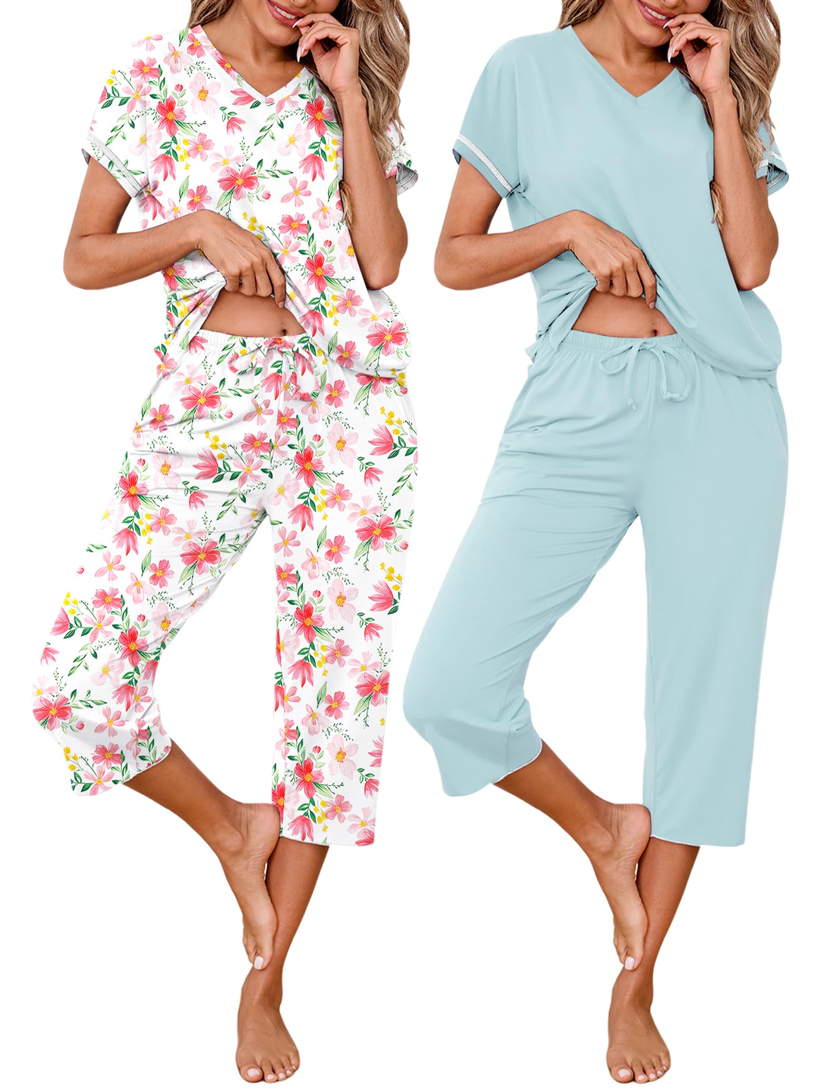 Marvmys Womens 2 Pack Pajama Sets Short Sleeve Pajamas Tops and Capri Pants Pjs Print Lounge Sets with Pockets S-3XL