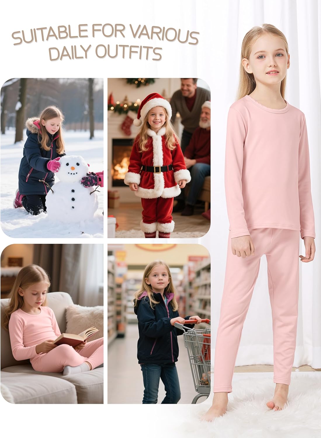 VZV Girls Thermal Underwear Set Thermal Underwear for Kids Fleece Lined Long Johns Kids Base Layer Top and Bottom for Winter - Image 6