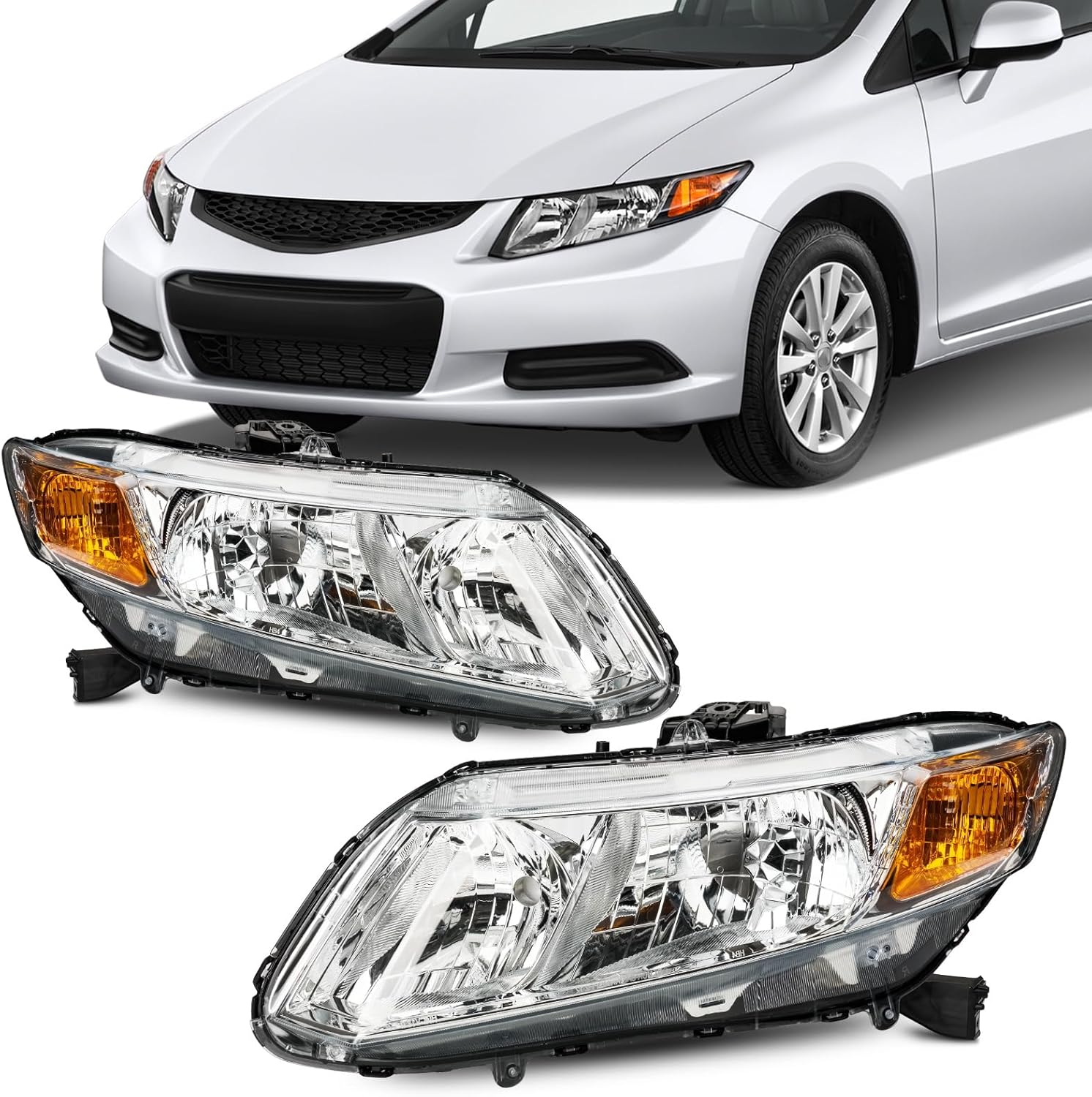Torchbeam Headlights Assembly Compatible with 2012 2013 2014 2015 Civic OE Style Headlamp Replacement Chrome Housing Amber Reflector Clear Lens for Driver & Passenger