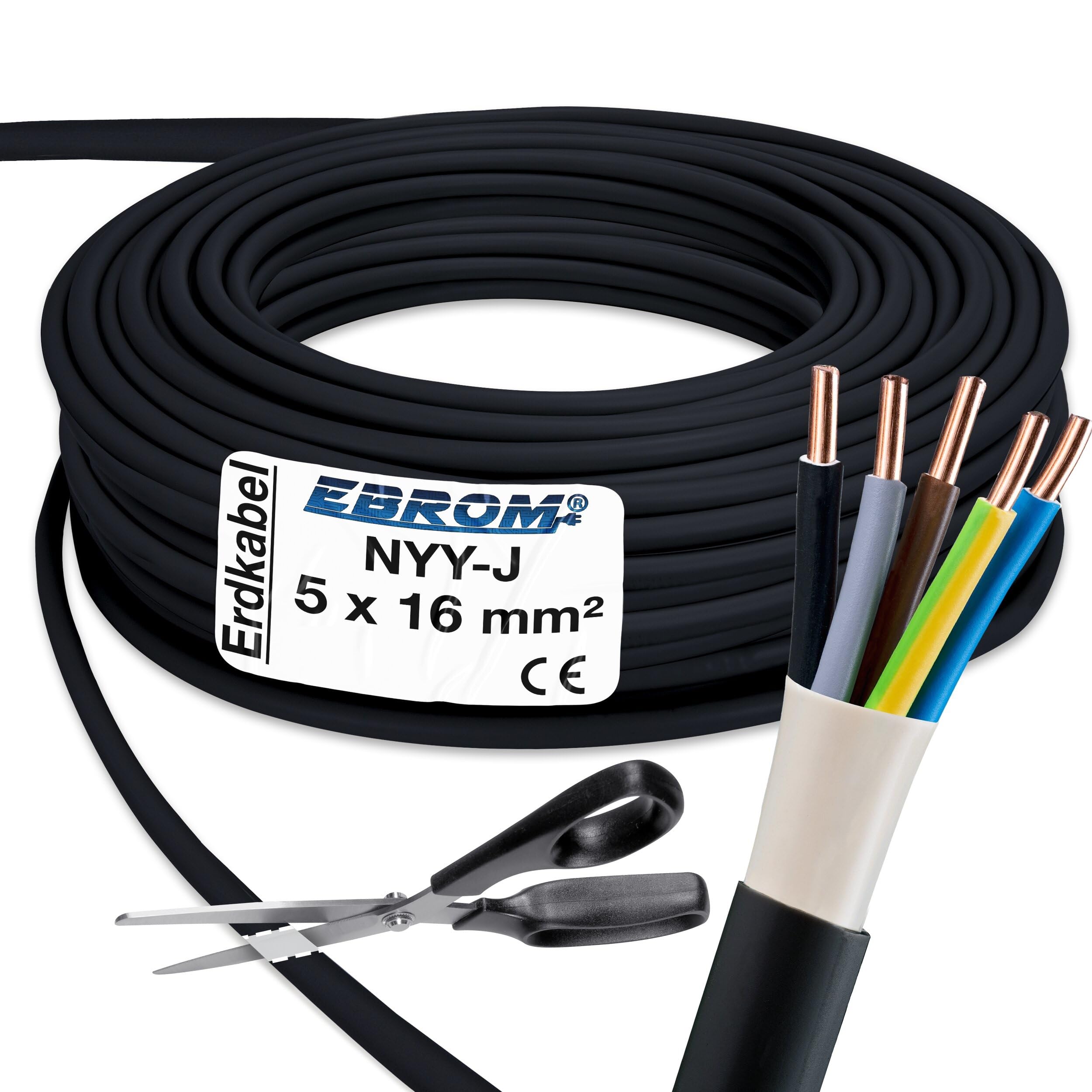NYY-J - Cable de toma de tierra (5 x 16 mm2 mm2, exacto por metros: cable de corriente fuerte, cable de tierra de PVC, color negro, selección en pasos de 1 metro, por ejemplo: 20 m, 25 m, 35 m, 50 m)