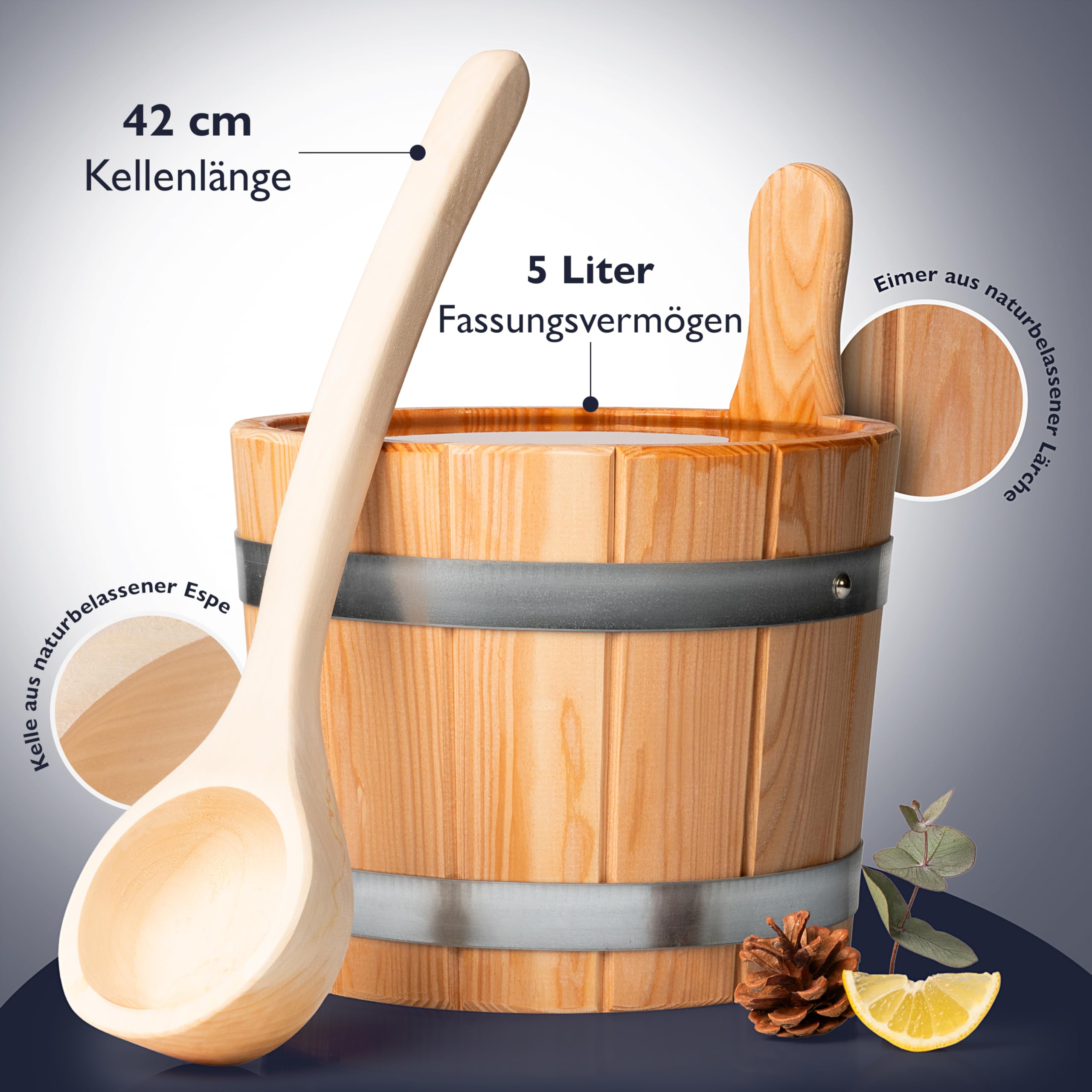 Liebenstein® Sauna Eimer mit Kelle [5L] – handgefertigt aus naturbelassener Lärche – Made in Österreich - hochwertiges Sauna Zubehör Set – bestehend aus Saunaeimer & Saunakelle – Dein Sauna Set
