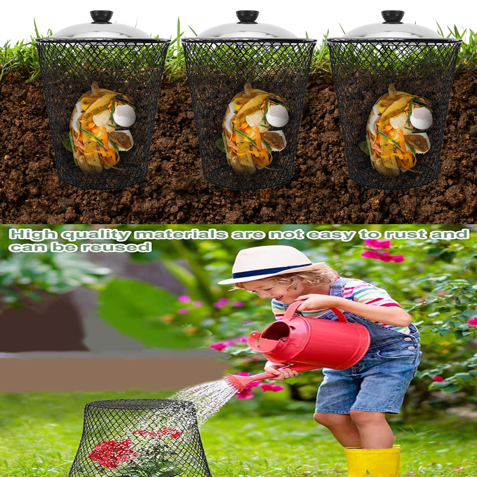 Wurmkomposter, Kompostbehälter für den Außenbereich 6 Stück mit Metalldeckel 2-1 Unterirdischer Wurmkompostbehälter-Set Pflanzenschutz für Garten und Terrasse zur Wurmzucht und Abfallentsorgung