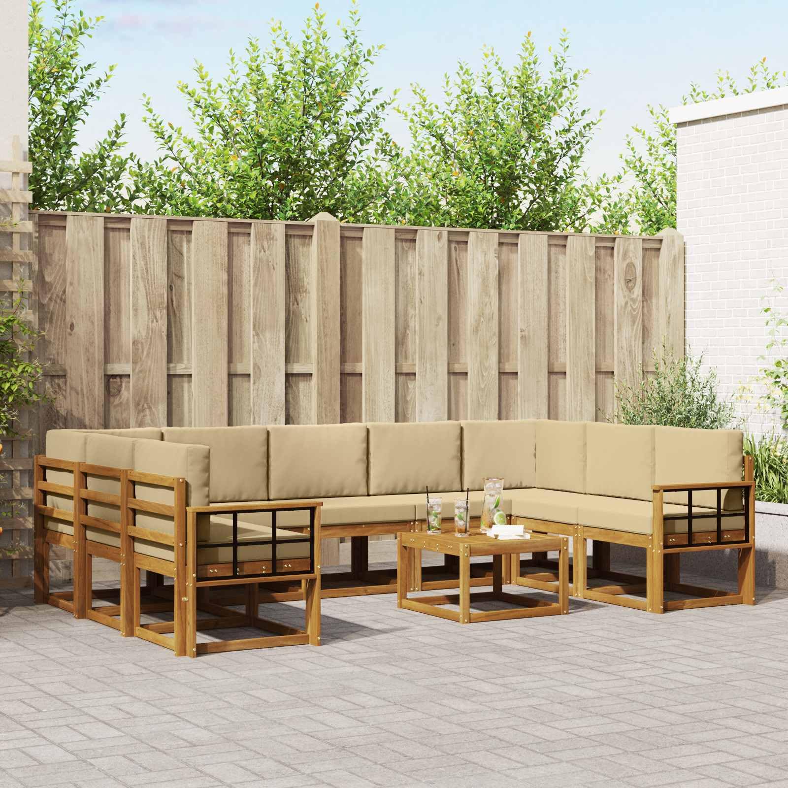 Modułowa sofa outdoorowa zestaw 10-częściowy z poduszkami, z drewna akacjowego, zestaw mebli ogrodowych w kolorze naturalnym i beżowym