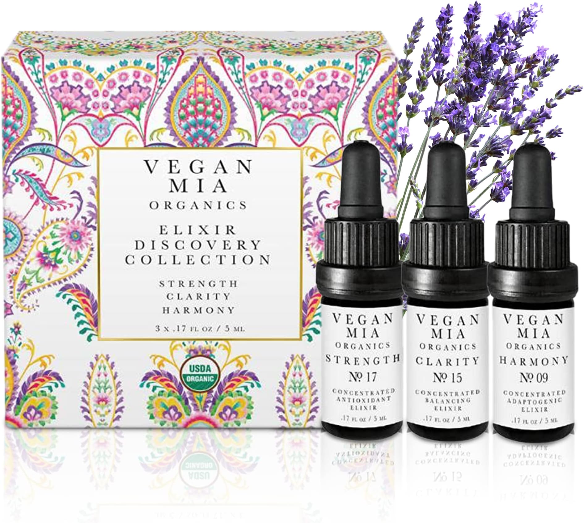 Vegan Mia - Organic Facial Oil Mini Set, 3-Piece Travel Size Discovery Kit Includes: 1 Clarity Balancing + Brightening Elixir, 1 Harmony Adaptogenic Elixir & 1 Strength Antioxidant + Superfood Elixir