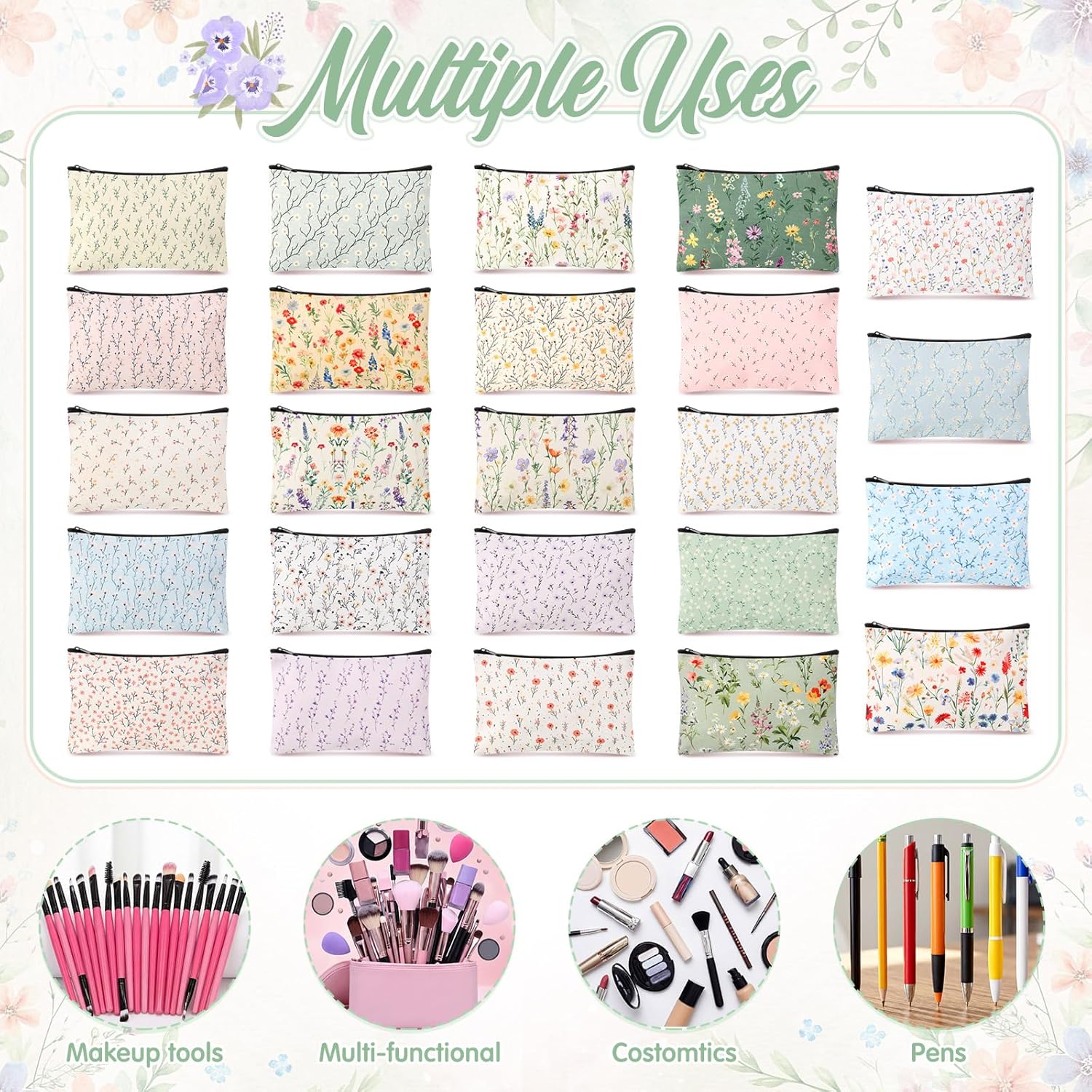 Shinylin 24 Pcs Easter Spring Party Favors Wildflower Makeup Bags Bulk Wildflower Party Decorations Flowers Canvas Cosmetic Bags with Zipper for Travel Toiletry Organizer(Flower)