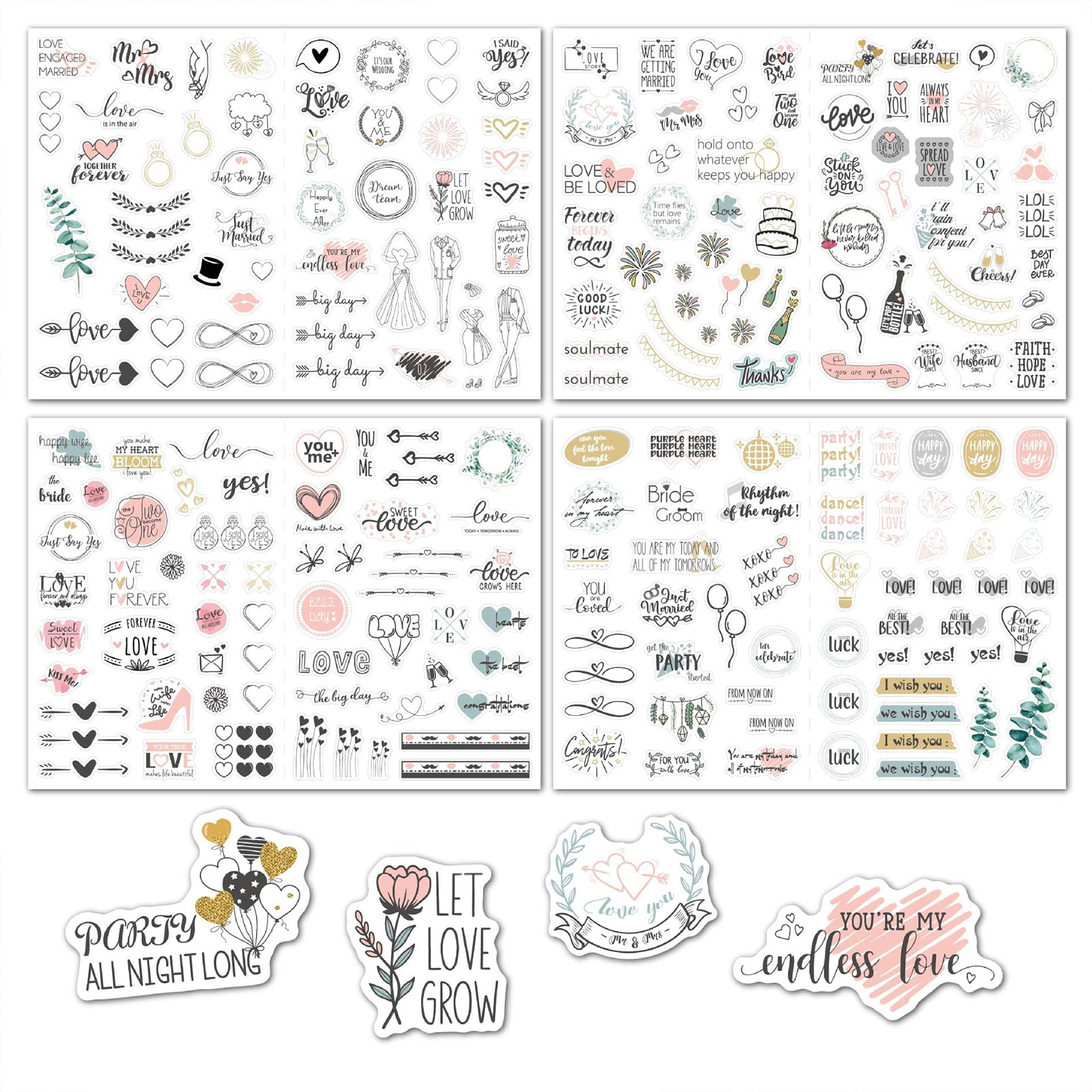 Juego de 4 hojas de pegatinas para álbumes de recortes para ceremonia de boda, despedida de soltera, compromiso, estética, álbumes de recortes, calcomanías para parejas para adultos