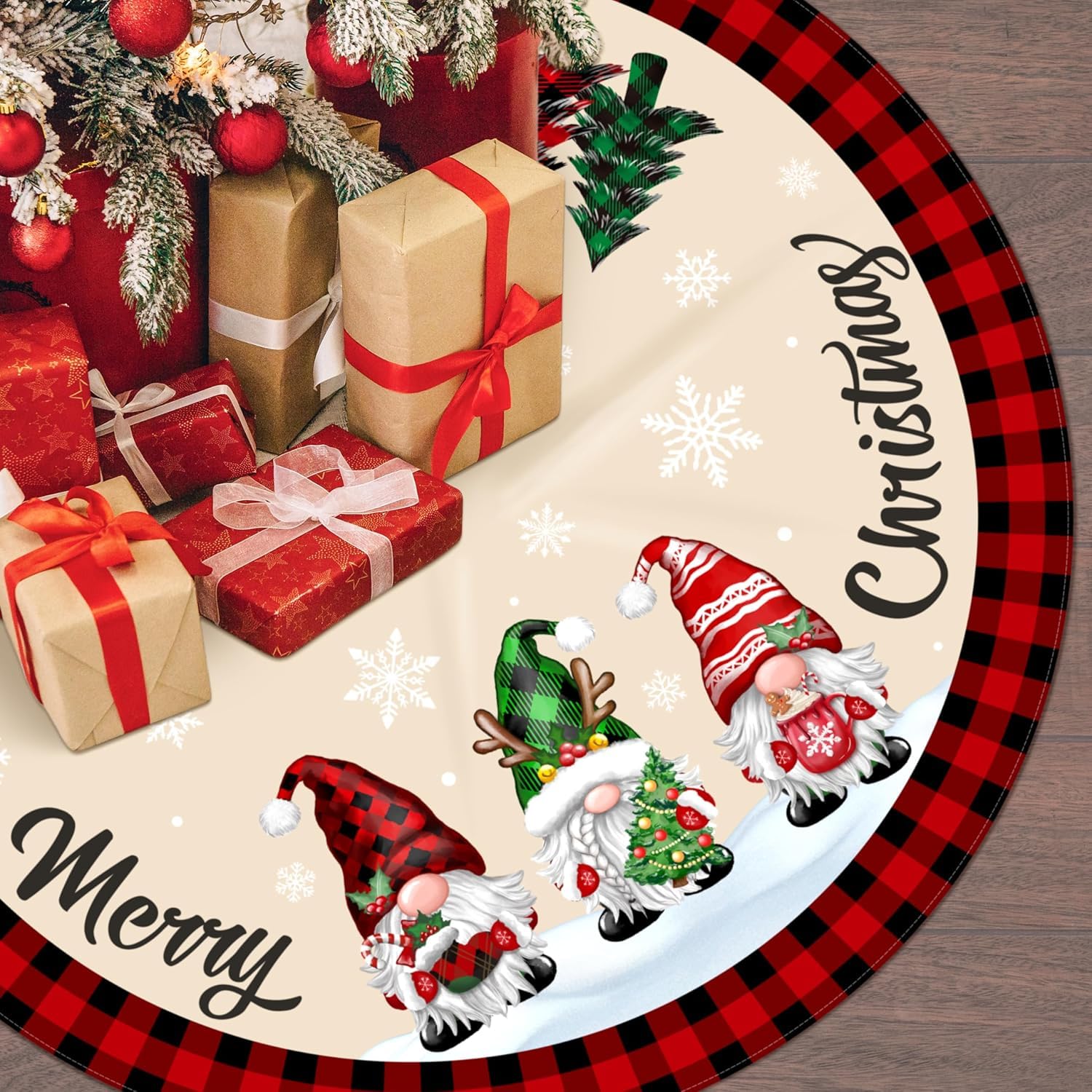 DVEHGF Christmas Tree Skirt 48 Inch Plaid Tree Skirt Red and Black Plaid Gnome Xmas Decorative Tree Mat Rustic Christmas Decorations for Home Office Winter Holiday Party Decor