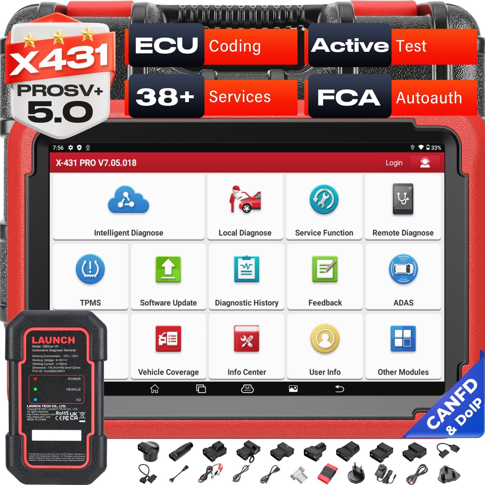 Launch X431 Pros V+ Valise Diagnostic Auto (Identique au X431 V+), Programmeur de clé, Codage ECU, 38+ Reset, AutoAuth pour FCA SGW, OEM Full System Car Diagnostic, Outil de Scan Bidirectionnel