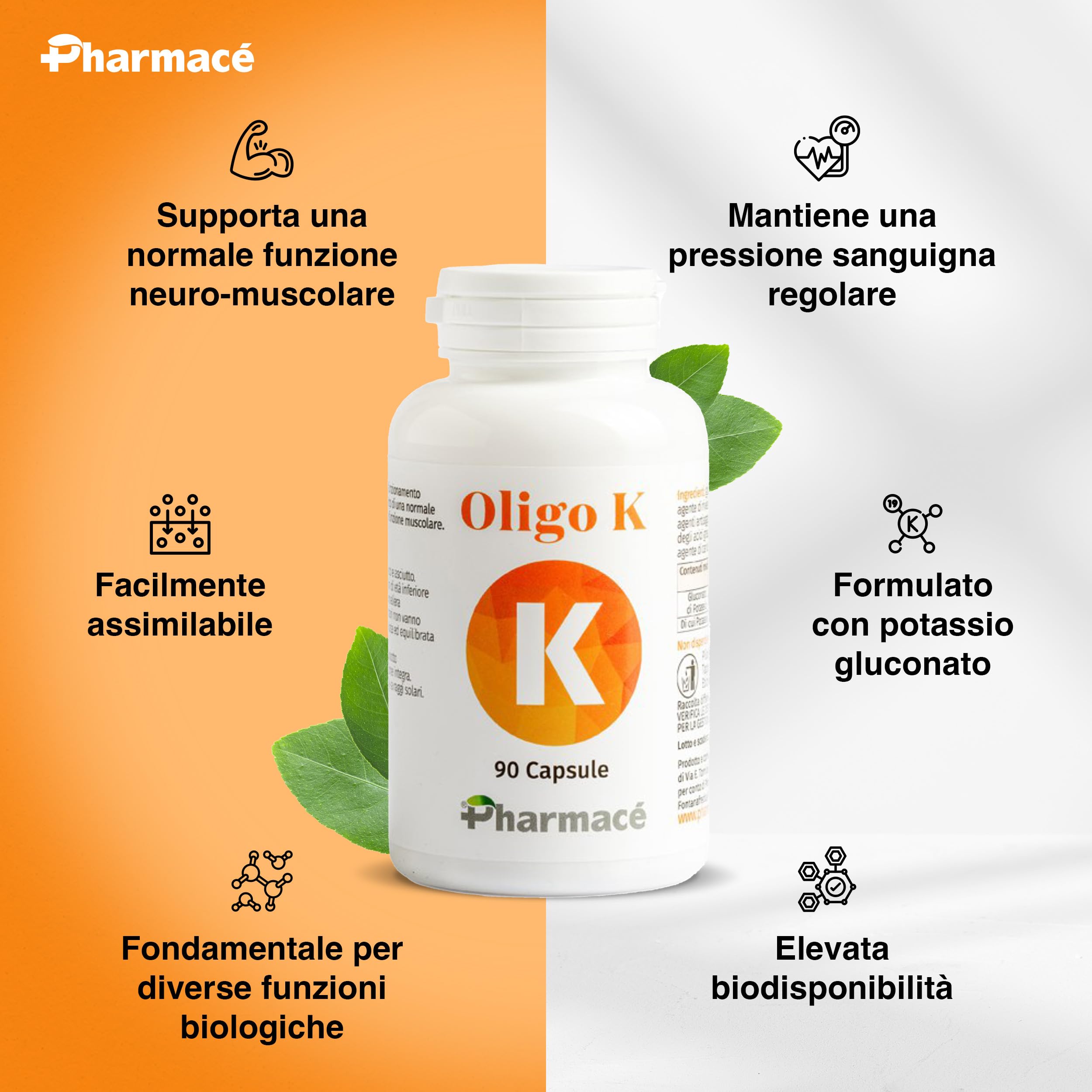 Pharmace' Oligo K - Potassio Gluconato ad Alta Biodisponibilita - 322mg per Compressa - 90 Compresse Senza Glutine e Lattosio - Prodotto in Italia