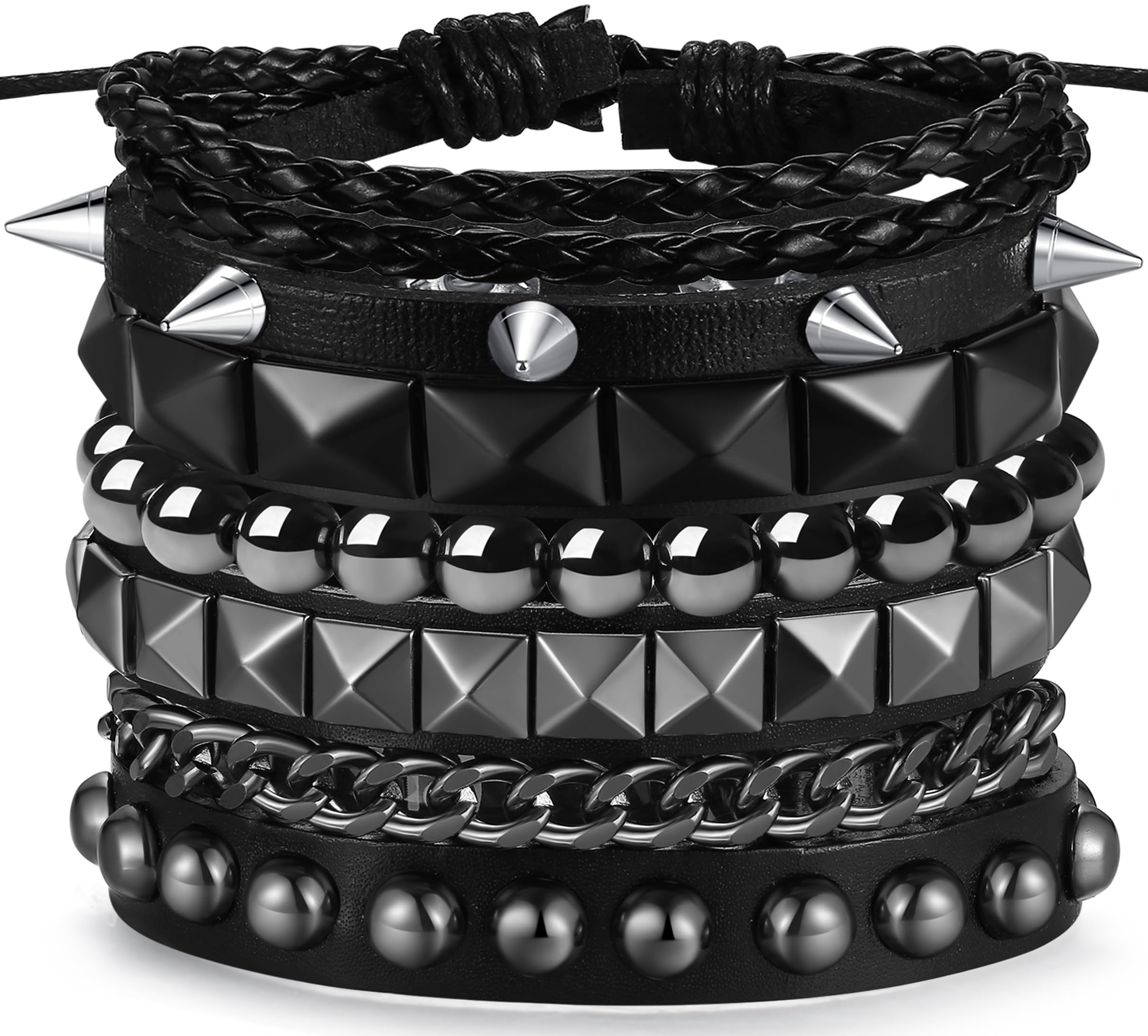 4Pcs Punk Bracelets for Men Women Leather Spike Bracelet Metal Cuff Bracelet Set Emo Bracelet Adjustable Rock Bracelet