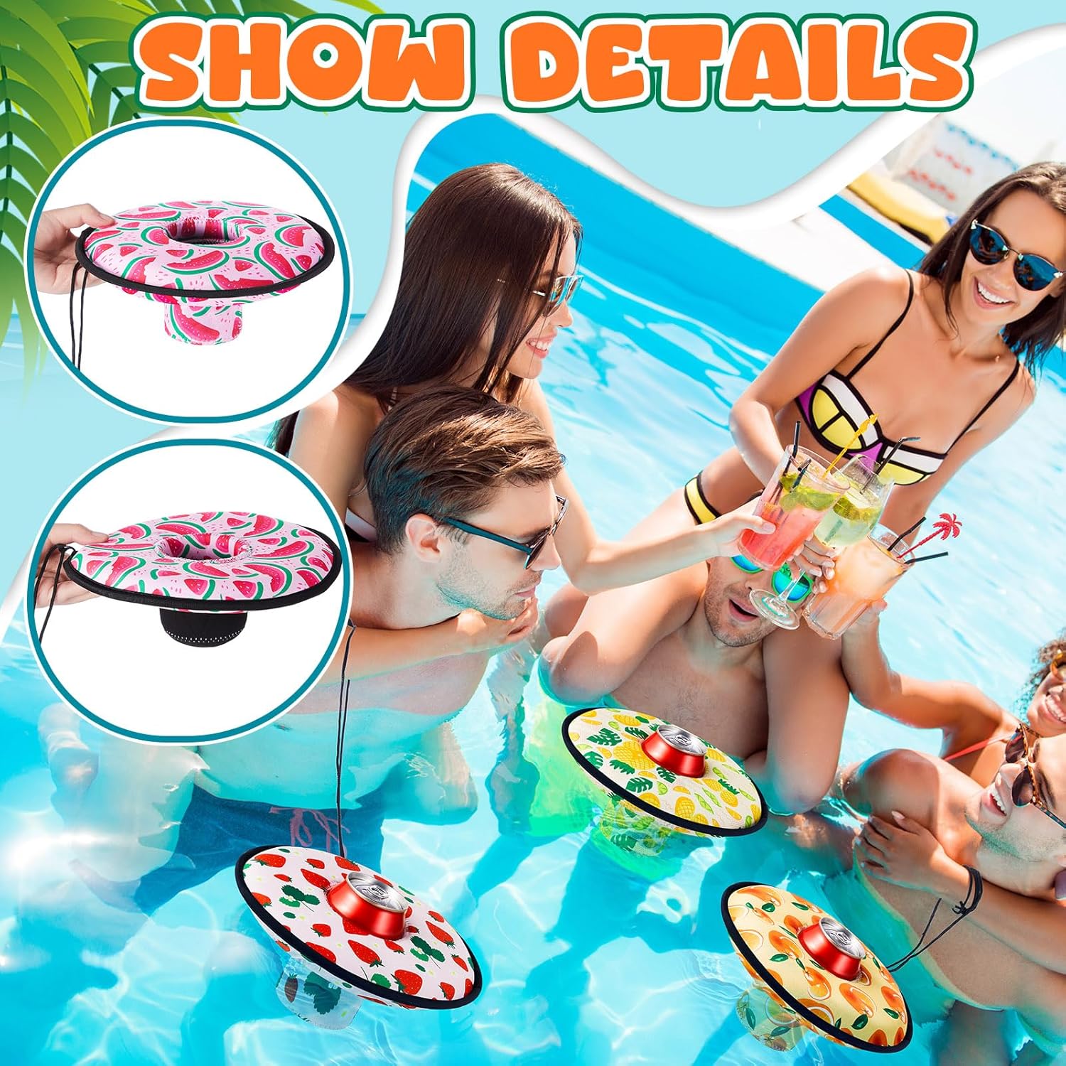 Rtteri 4 Pcs Neoprene Floating Drink Holder Pool Drink Floating Coaster Pool Beer Holder with Rope for Summer Party Tub Lake Boat, Medium(Fruit Style)