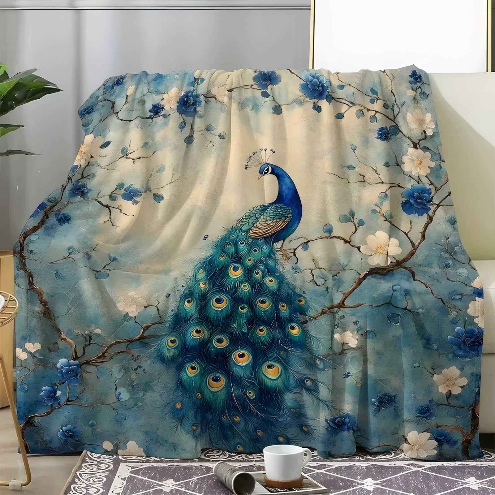 Couverture polaire paon bleu vert contre le froid hivernal grand plaid chaud et doux de lit