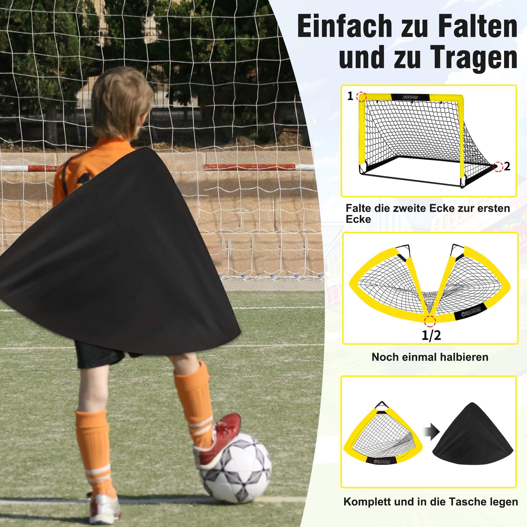 Fußballtor Kinder 2er Set - Pop up Fussballtore für Garten, Outdoor & Reisen - Faltbares Tor mit Tragetasche, 2 Bullseye & 8 U-förmigen Bodennägeln - Fußball Trainingszubehör