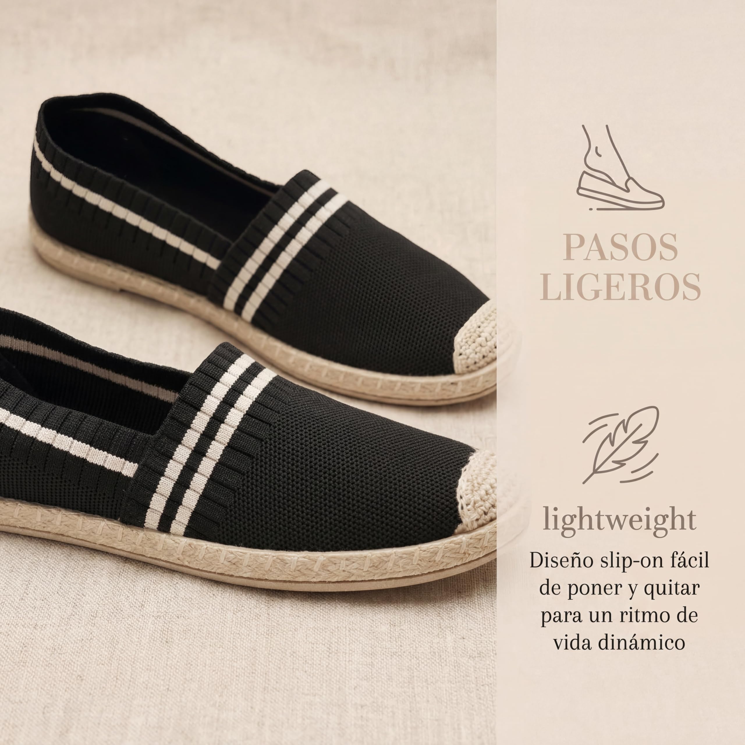 GLAMORA Alpargatas Planas Mujer Punto Transpirable Slip On, Zapatos Verano Ligeros Cómodos con Suela Esparto Antideslizante, Calzado Casual Flexible Ligero Ajuste Fácil