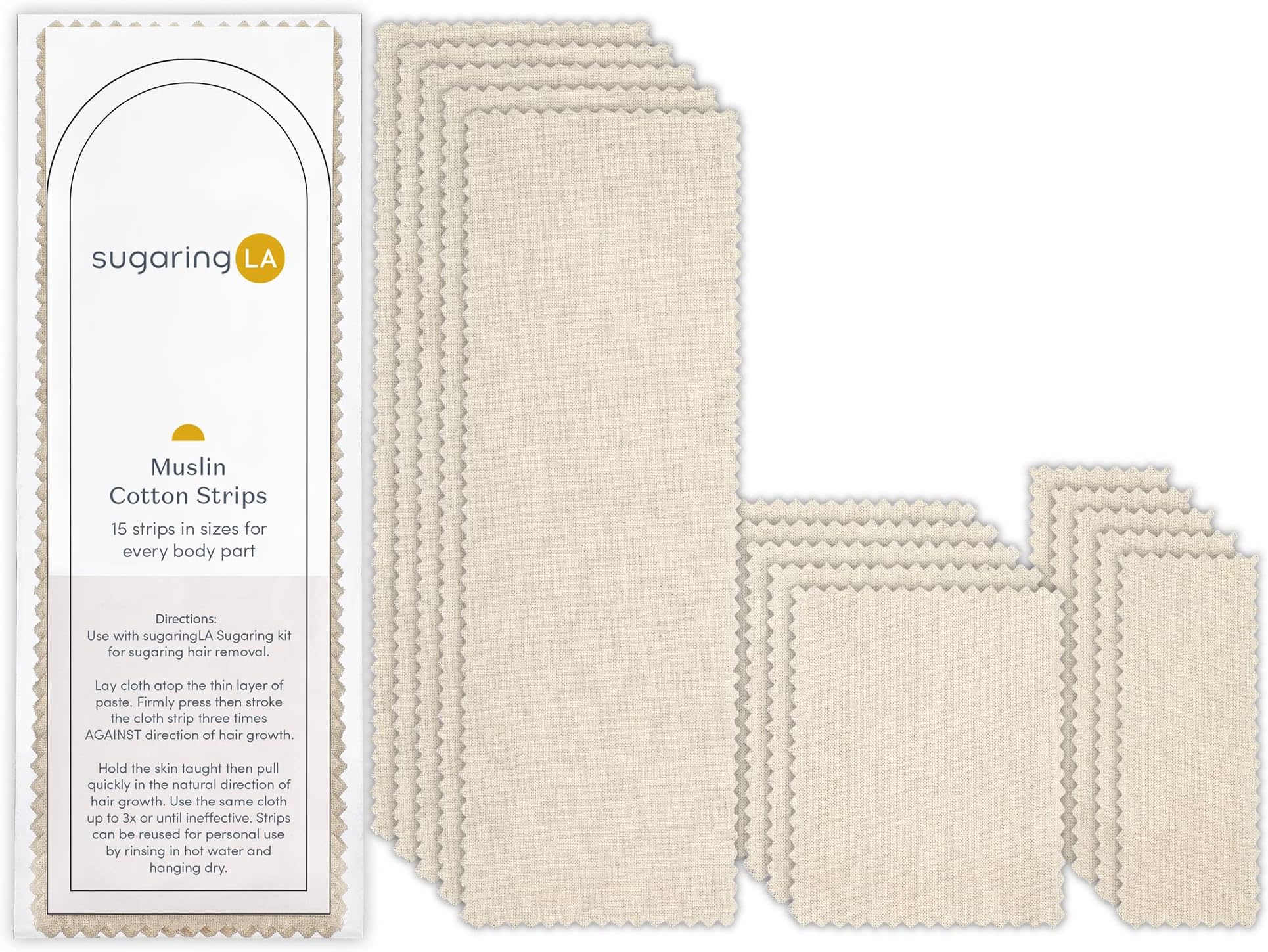 sugaringLA Muslin Cotton Sugaring Strips - Pre-cut Cloth Strips for Hair Removal - Body and Facial Hair Remover - Reusable, Multi Size (15 Pieces)