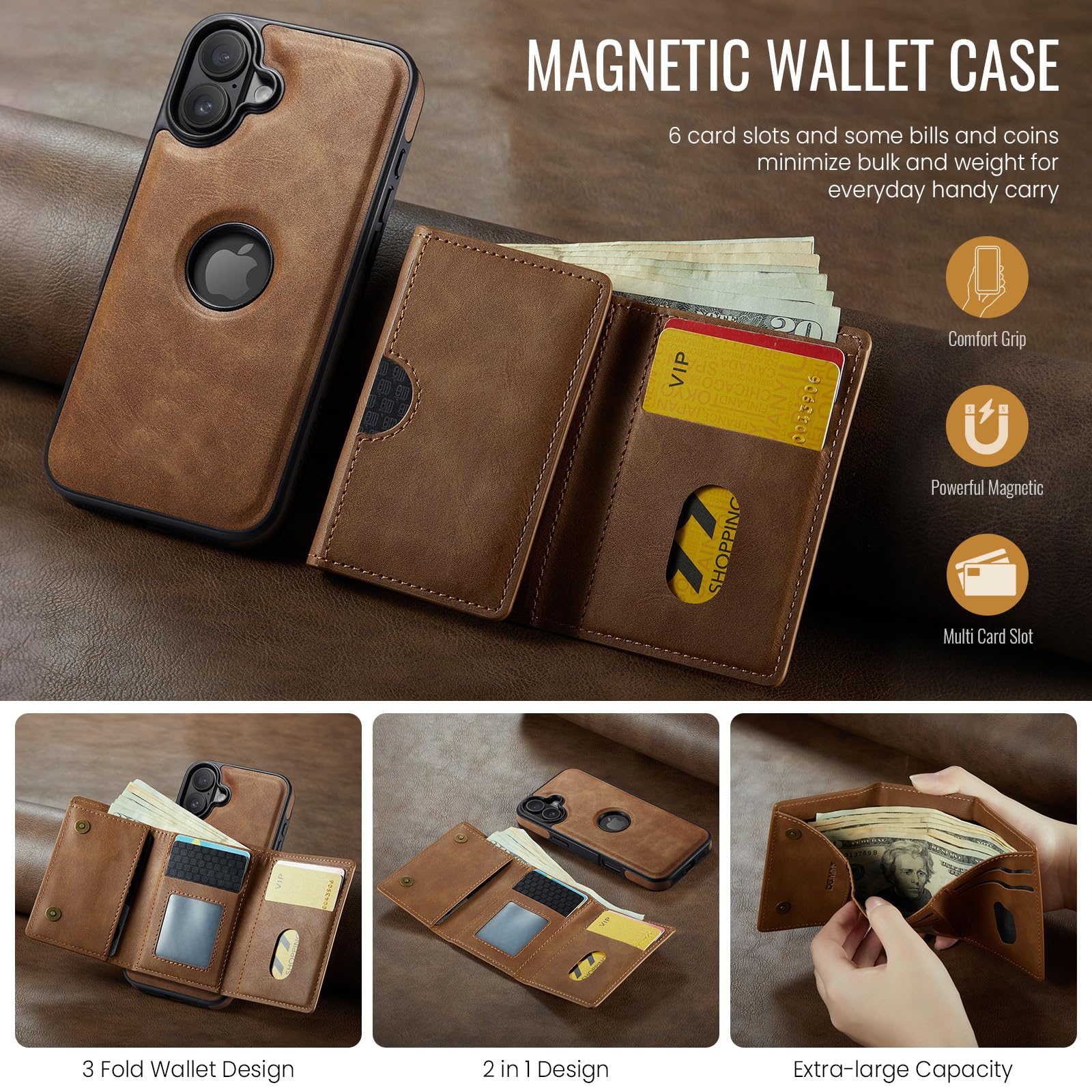 Asuwish Funda de teléfono para iPhone 16 de 6.1 pulgadas, funda magnética desmontable con carga inalámbrica y bloqueo RFID, soporte para tarjetas de crédito, soporte abatible para teléfono 16 i16 16