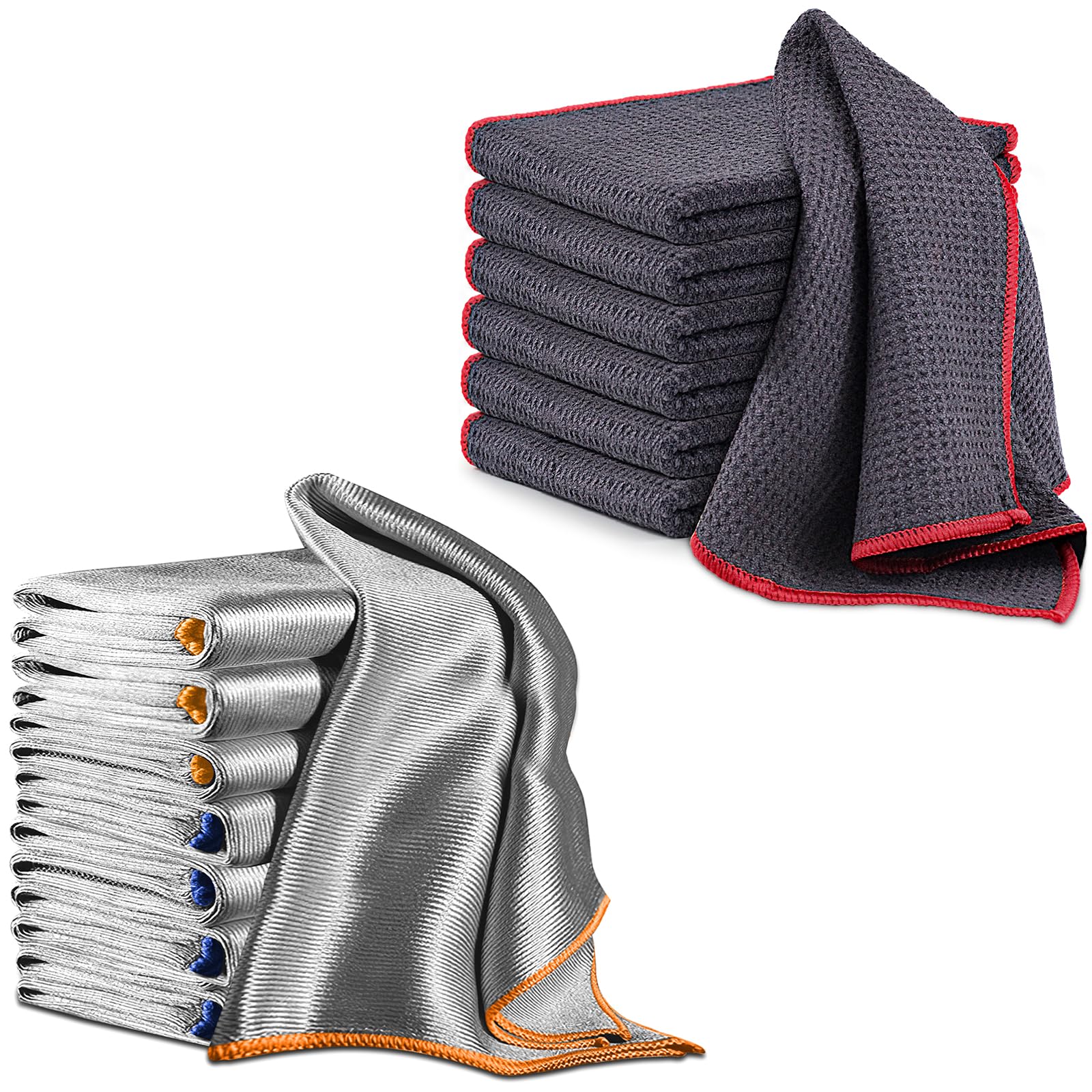 Airlab Microfiber Cleaning Cloths Polishing Windows Glass Lint Free Rags, Pack of 8, and Microfiber Cleaning Cloth Waffle Weave Dust Rags Kitchen Towel, Pack of 6