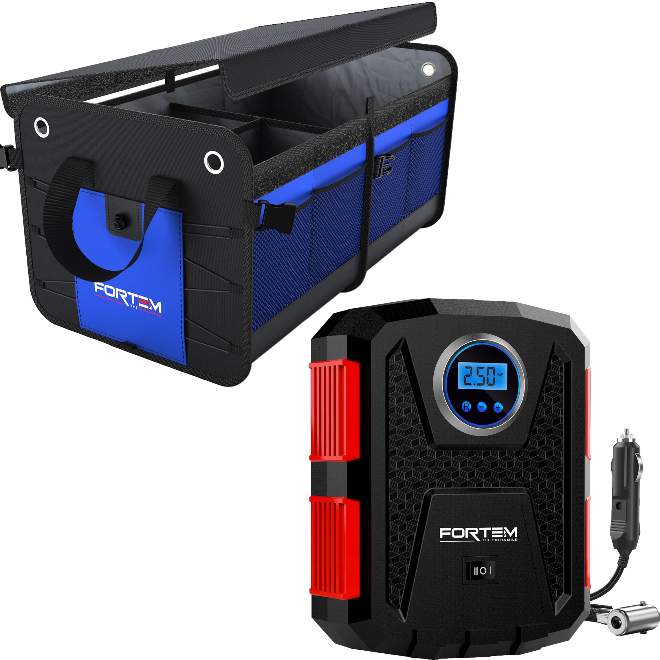 FORTEMCar Trunk Organizer (2 Compartment, Blue) + Portable Tire Inflator