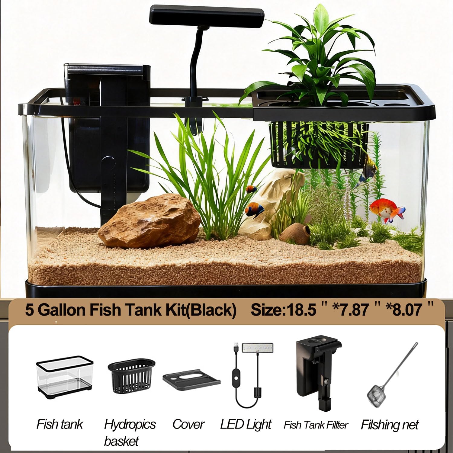 Aquarium-Starter-Set aus Kunststoff mit Filter, kleinem Netz und LED-Licht, für Betta, Nano-Aquarium aus Kunststoff mit Deckel (47 x 20 x 20,50 cm/schwarz)