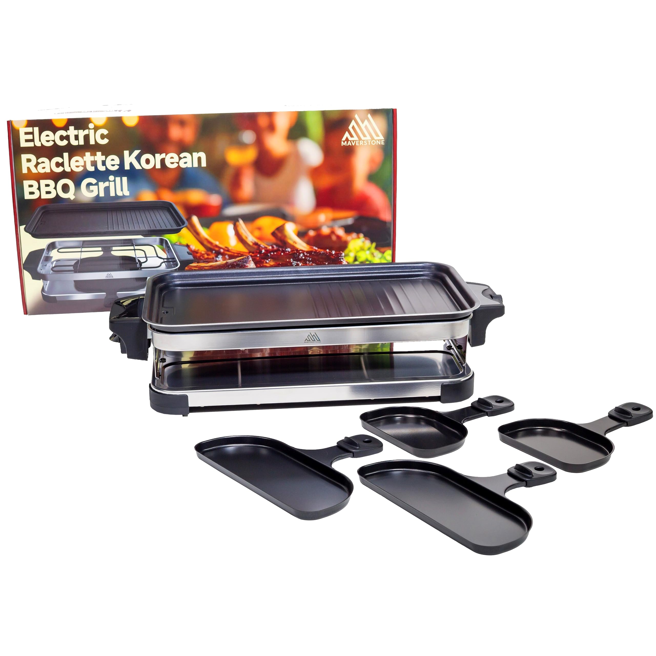 Maverstone Raclette Grill - Smokeless Indoor Electric Table Top Griddle with 1600W Fast Heating Dual-Zone Cooking - Stainless Steel - Easy Clean Nonstick Surface