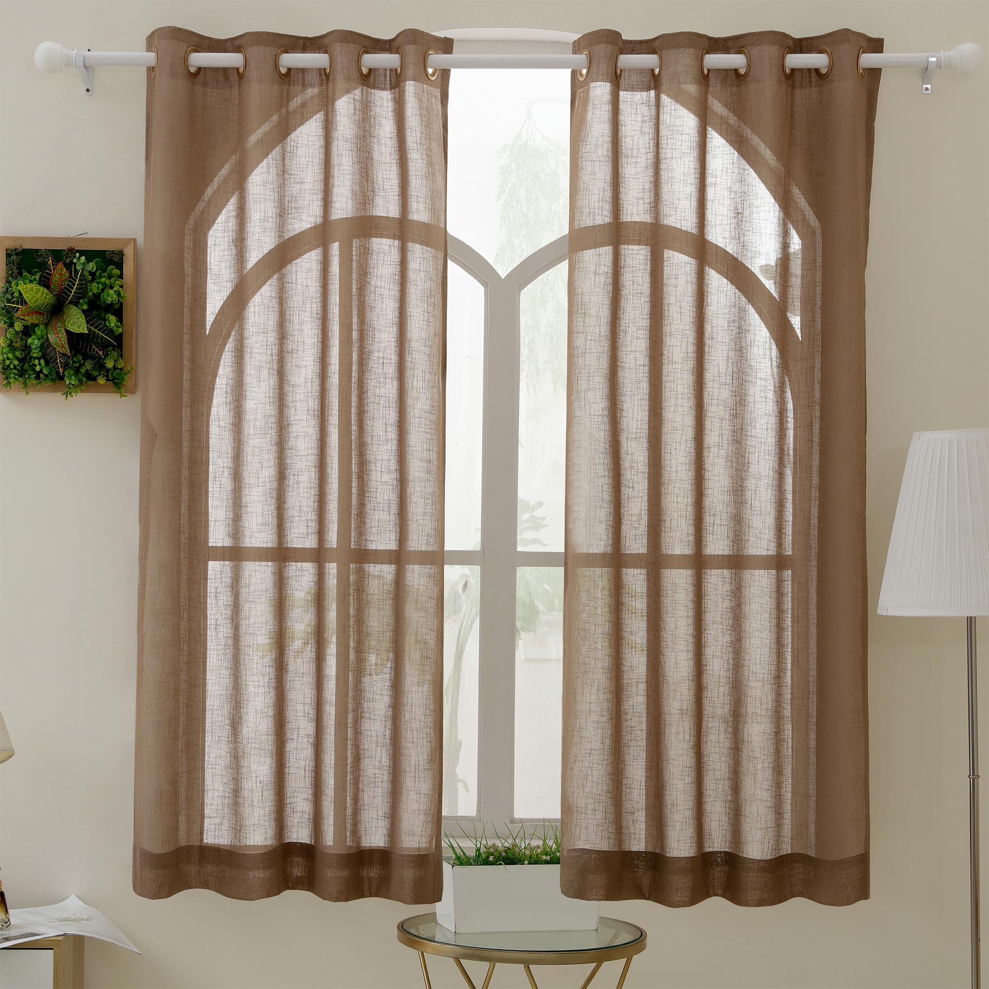 Story@Home Sheer Window Curtains 5 Feet Long Set of 2 | Solid Printed | Semi Transparent Curtain | Net Curtain | Curtains for Living Room | (118 X 152 cm, Camel) | Perfect for Home Decor