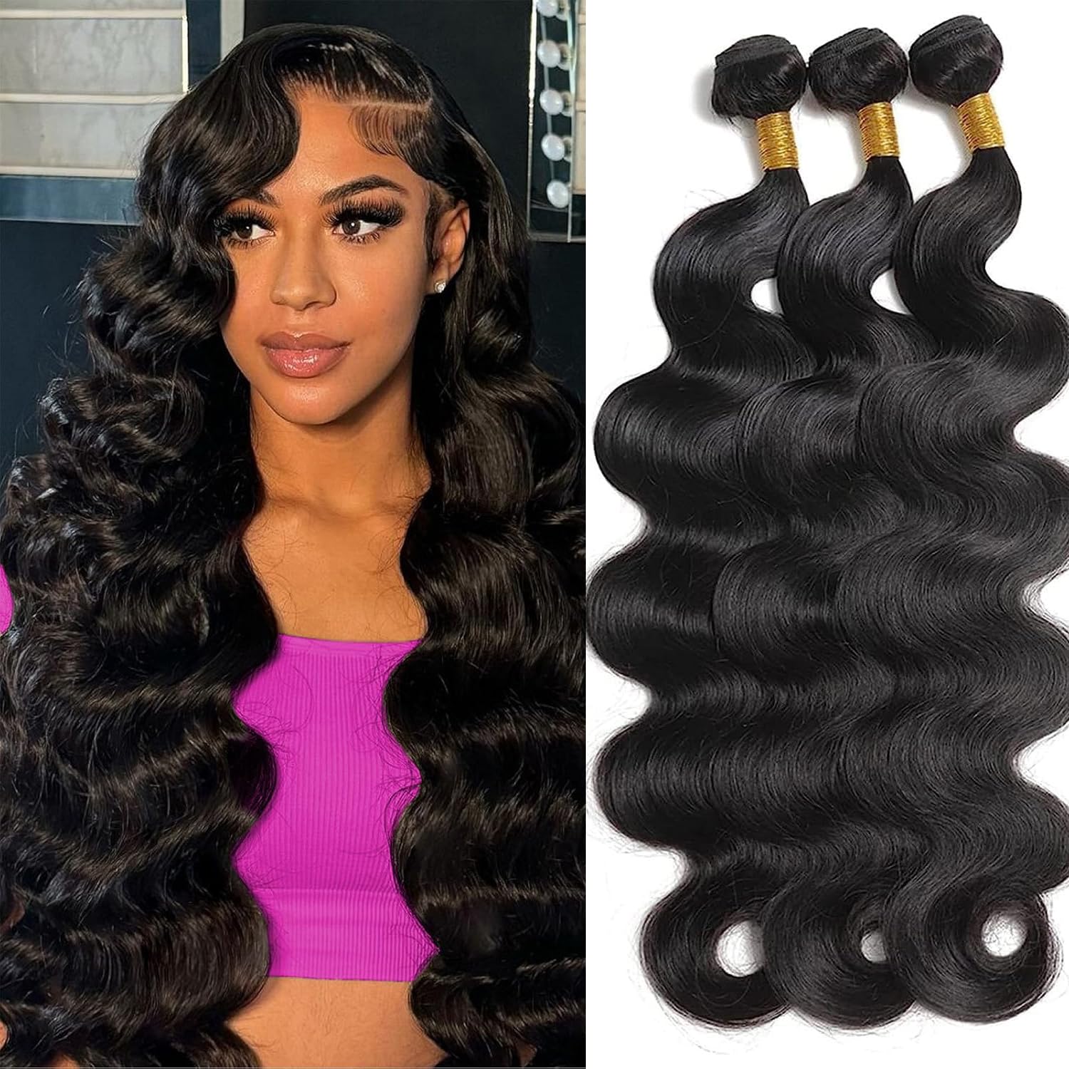 Body Wave Human Hair Bundles Brazilian Virgin Body Wave Bundles Unprocessed Weave Human Hair 3 Bundles Natural Black Color Hair Extensions for Black Women