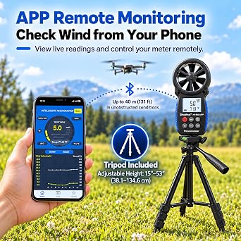 HoldPeak Handheld Anemometer Bluetooth with Tripod, Digital Wind Speed Gauge Meter, Air Flow Velocity Temperature CFM Measuring Device for HVAC Outdoor Sailing Shooting Golf