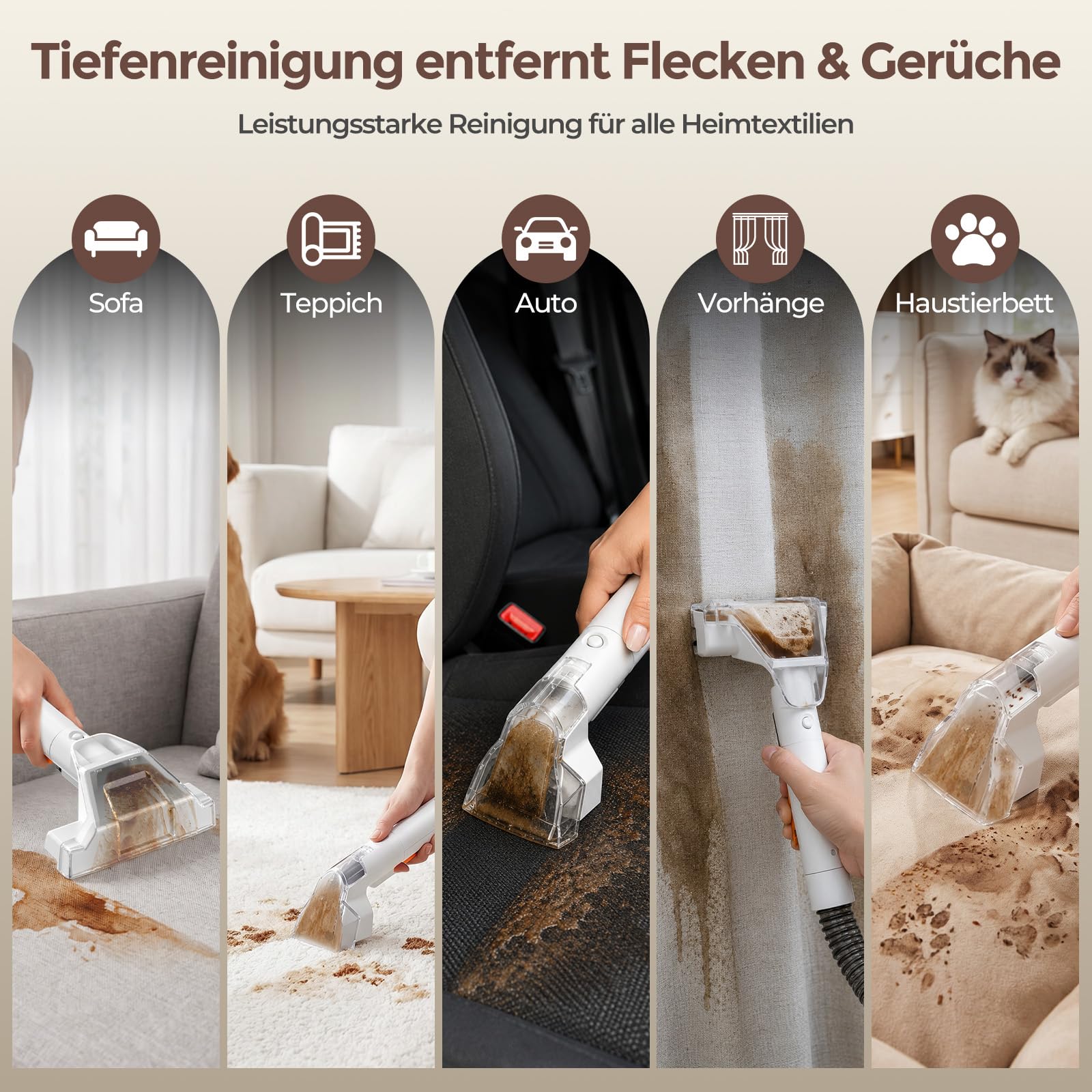 Polsterreiniger Gerät Teppichreiniger Waschsauger mit 15kPa Saugkraft & 500W Motor, Fleckenreiniger für Sofa, Matratze, Teppich und Auto, Selbstreinigender Textilreiniger für Haustiere