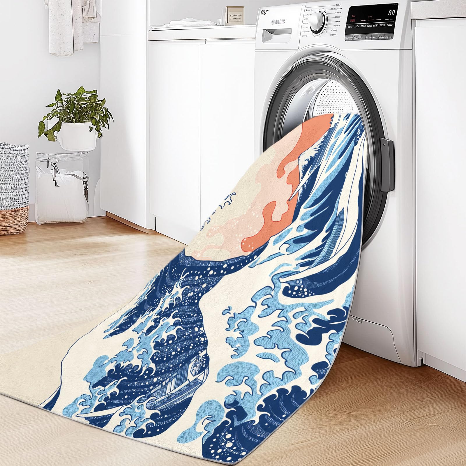 Générique Tapis de Salon Motif Grande Vague Ukiyo-e Japonaise Traditionnelle Doux Antidérapant Poils Ras, Résistant pour Adulte Chambre Salle à Manger Couloir et Bureau, 120 x 170 cm