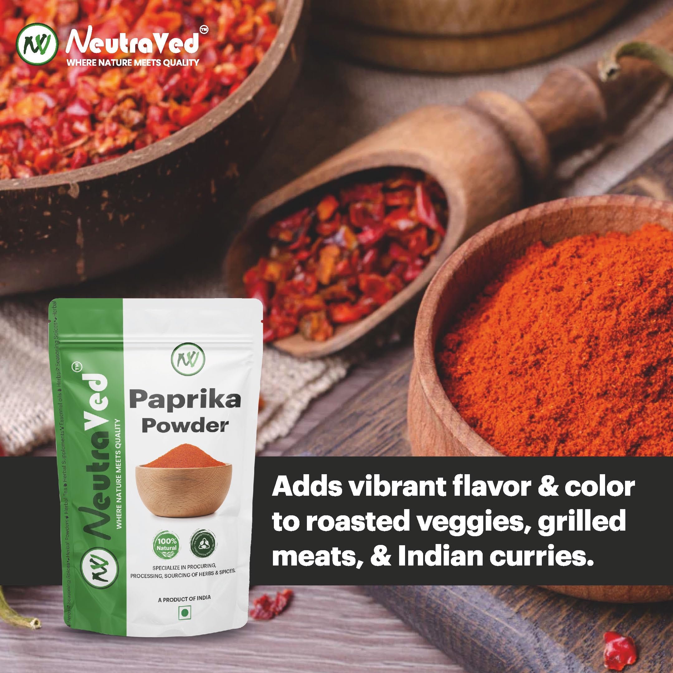 NeutraVed Paprika Powder 100g | Sweet & Mild Red Paprika Spice for Cooking, Seasoning & Garnishing | Comes in Standup Ziper Pouch - 100gm - Image 3 thumbnail