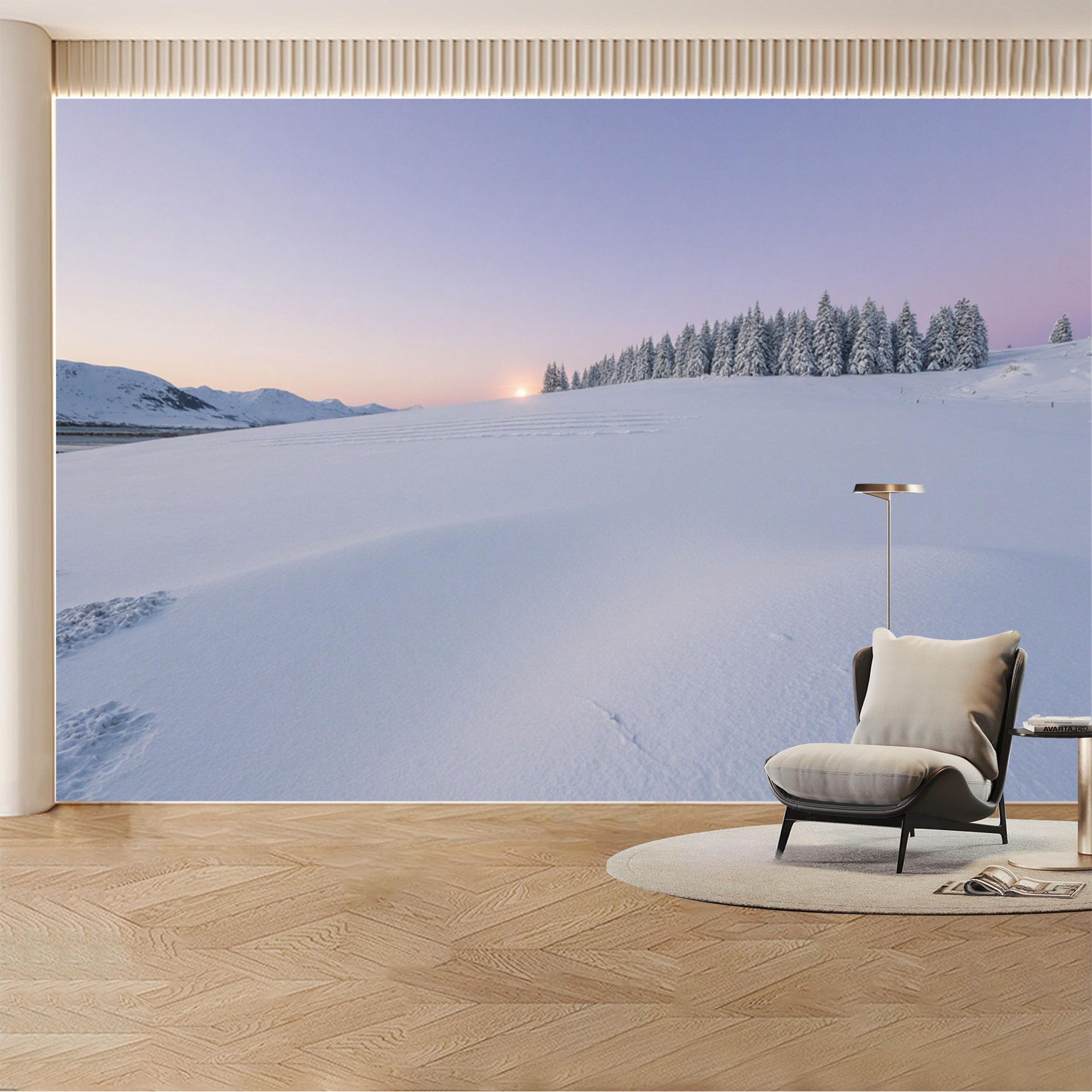 Custom Wall Mural Wallpaper Snowy Forest Mountain Landscape 3D Effect Wall Decor Large Wall Art Minimalist Sunset for Living Room， Bedroom， Office