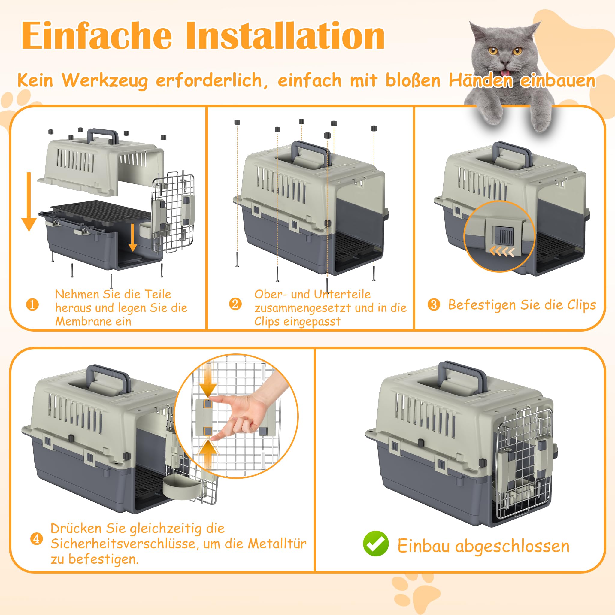 NAIZY Transportbox Hund, 60x39.5x44cm Hundtransportbox Reise & Transport Flugzeugbox mit Metall Tür und Lüftungsschlitze Fenster Hundbox Belastbar bis 9KG inkl. Pinkelpads Fressnäpfe Griff