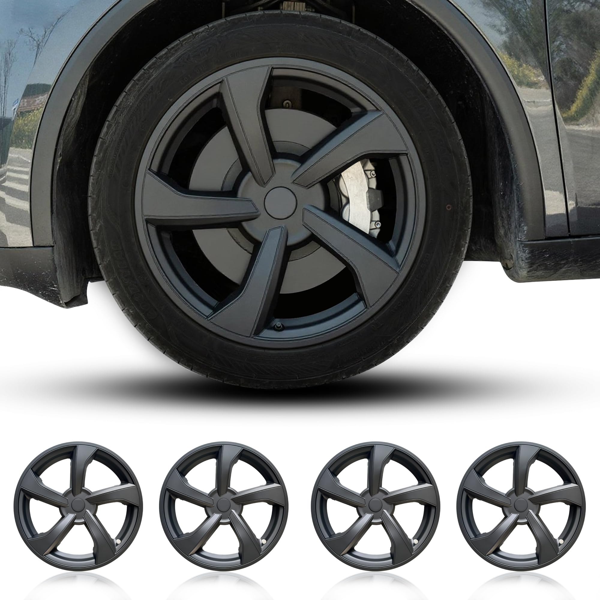Arcoche 2025 2026 Model Y pokrowce na koła 48.3 cm, 4 szt. ochraniacz na felgi, model Y, osłona jałowca, materiał ABS, zamiennik pokrowców na koła (styl ostrza - matowa czerń)