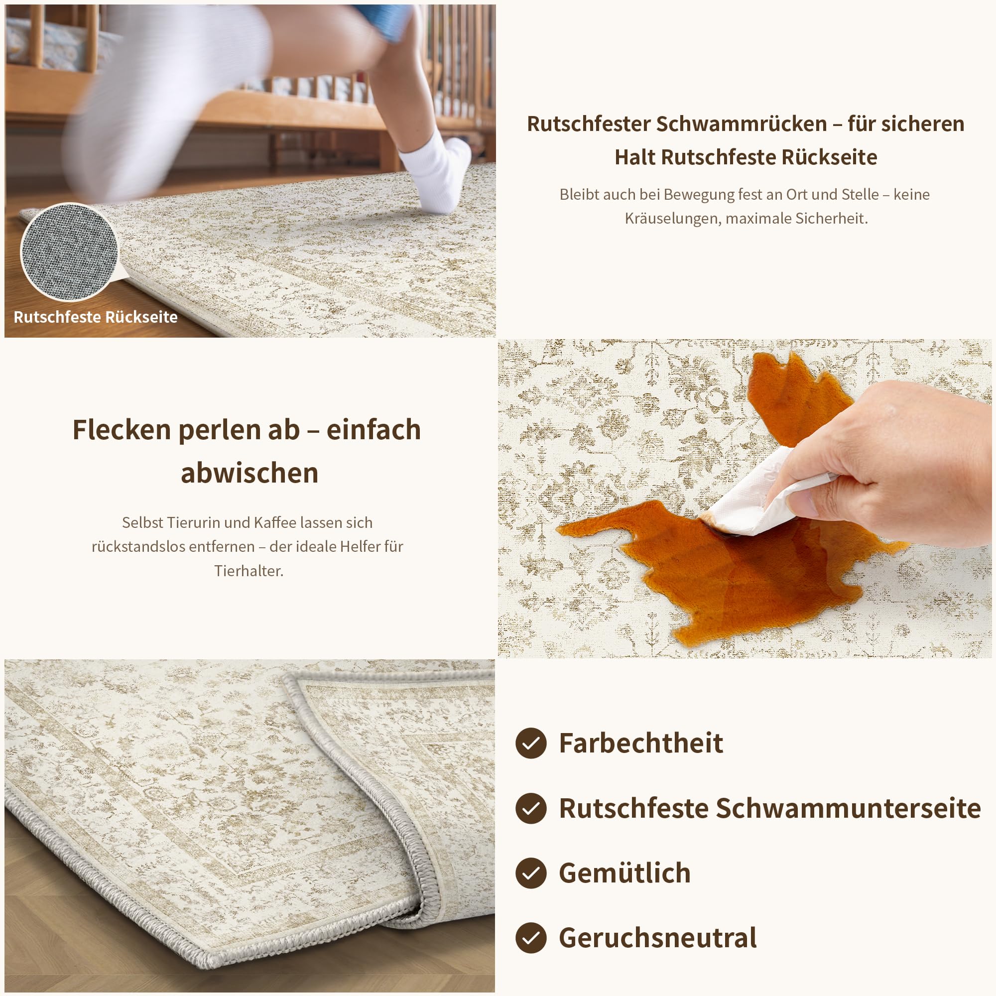 PureCozy Beige Teppich Wohnzimmer 200x300cm Vintage Waschbarer rutschfest Kurzflor Weich Bumen Boho Retro Groß Teppiche für Schlafzimmer Küchen Esszimmer Bedroom Living Room