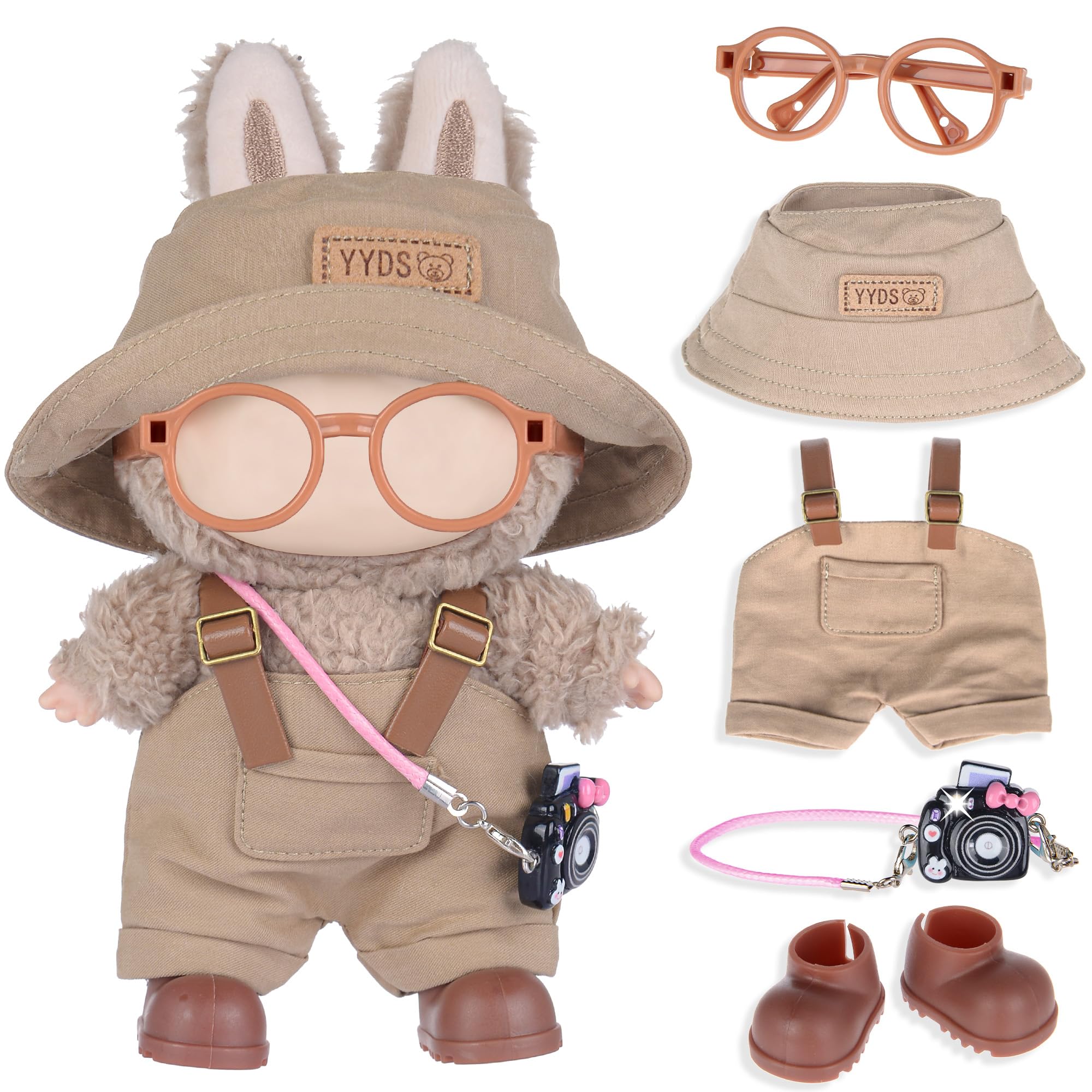 ebuddy Stylish 17cm Plush Doll Outfit Set – Brown Overalls, Hat, Camera Bag, Shoes & Glasses (Doll Not Included)
