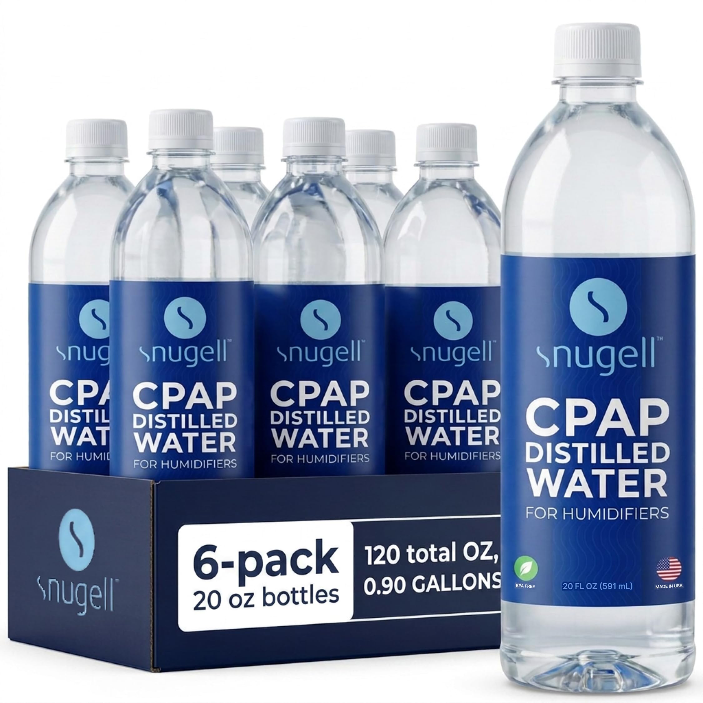 Snugell Destilliertes Wasser für Luftbefeuchter | Packung mit 6 Flaschen 20 Unzen H20 | Reisefreundlich | 20 Unzen H2O | Hergestellt in den USA |