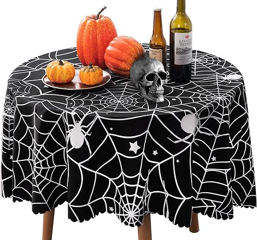 Mantel redondo de poliéster de 60 pulgadas, mantel de tela de araña negra de Halloween, mantel de poliéster lavable a prueba de derrames, perfecto